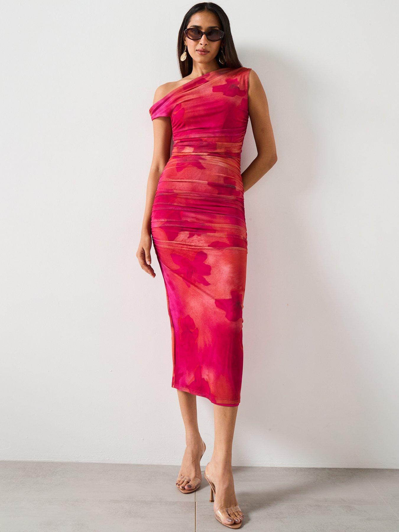 undefined Floral Midi Dress With Asymmetric Neckline