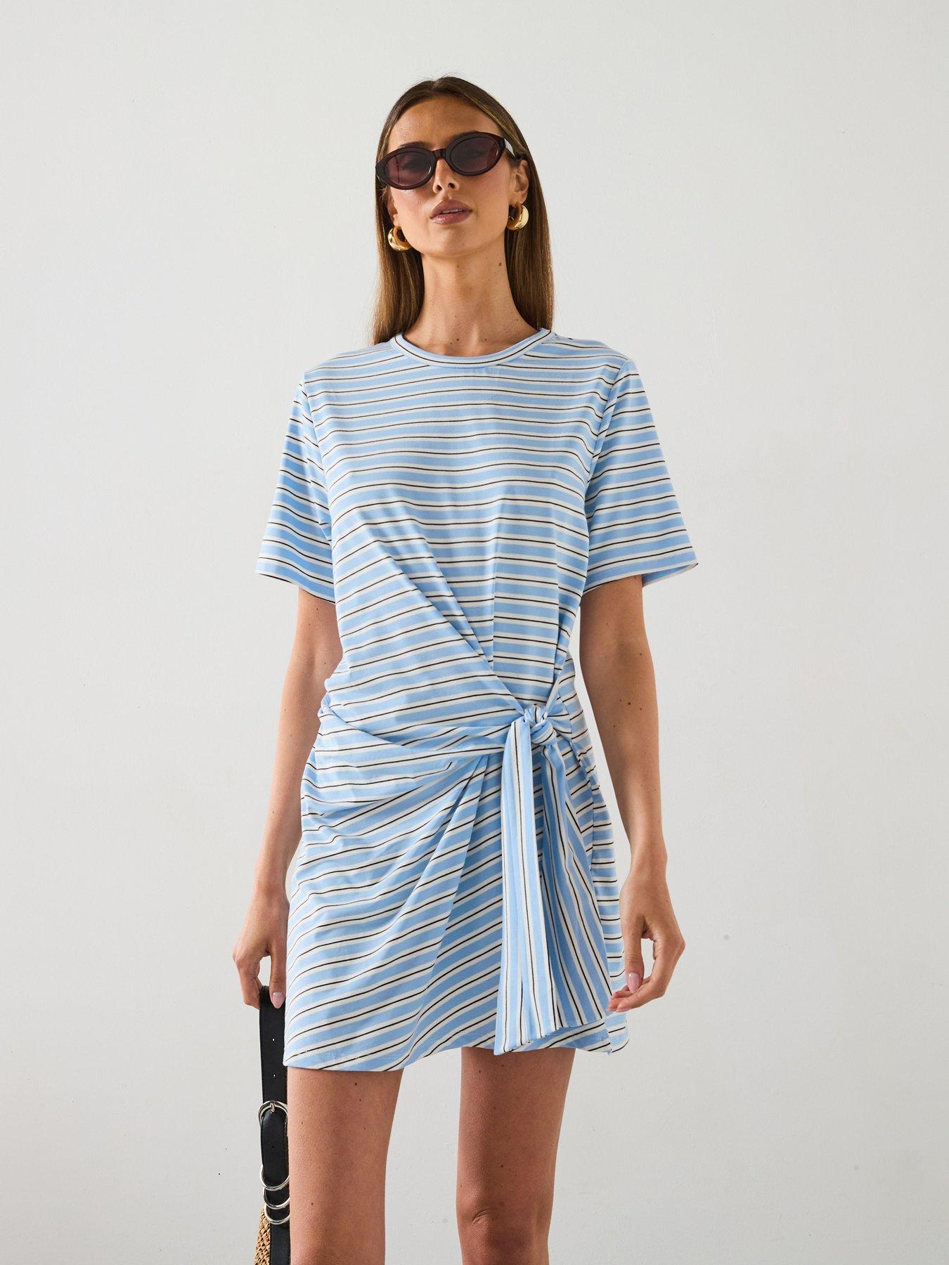 Mango Short Striped Dress With Knot - Sky Blue | Littlewoods