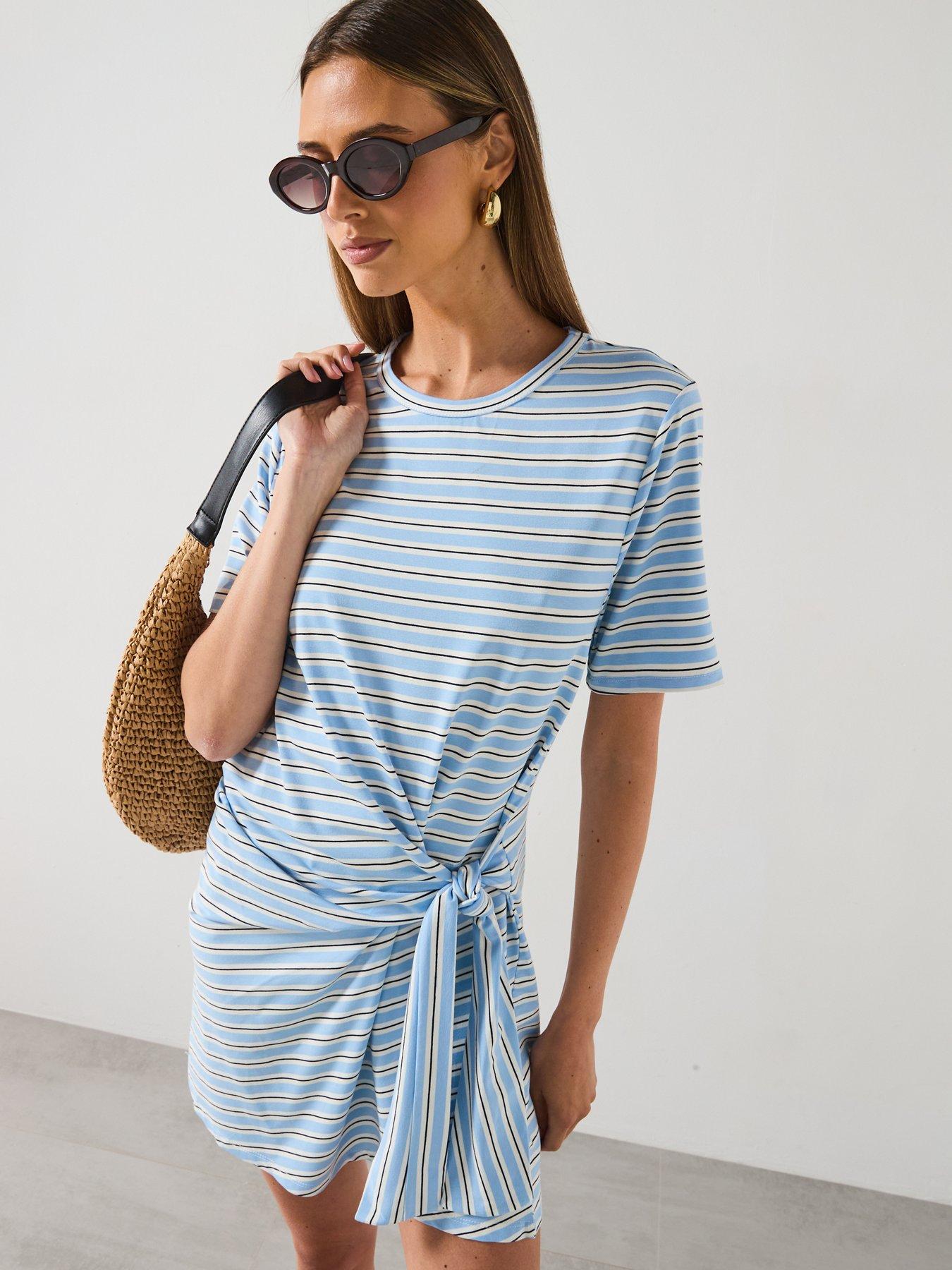 Mango Short Striped Dress With Knot - Sky Blue | Littlewoods