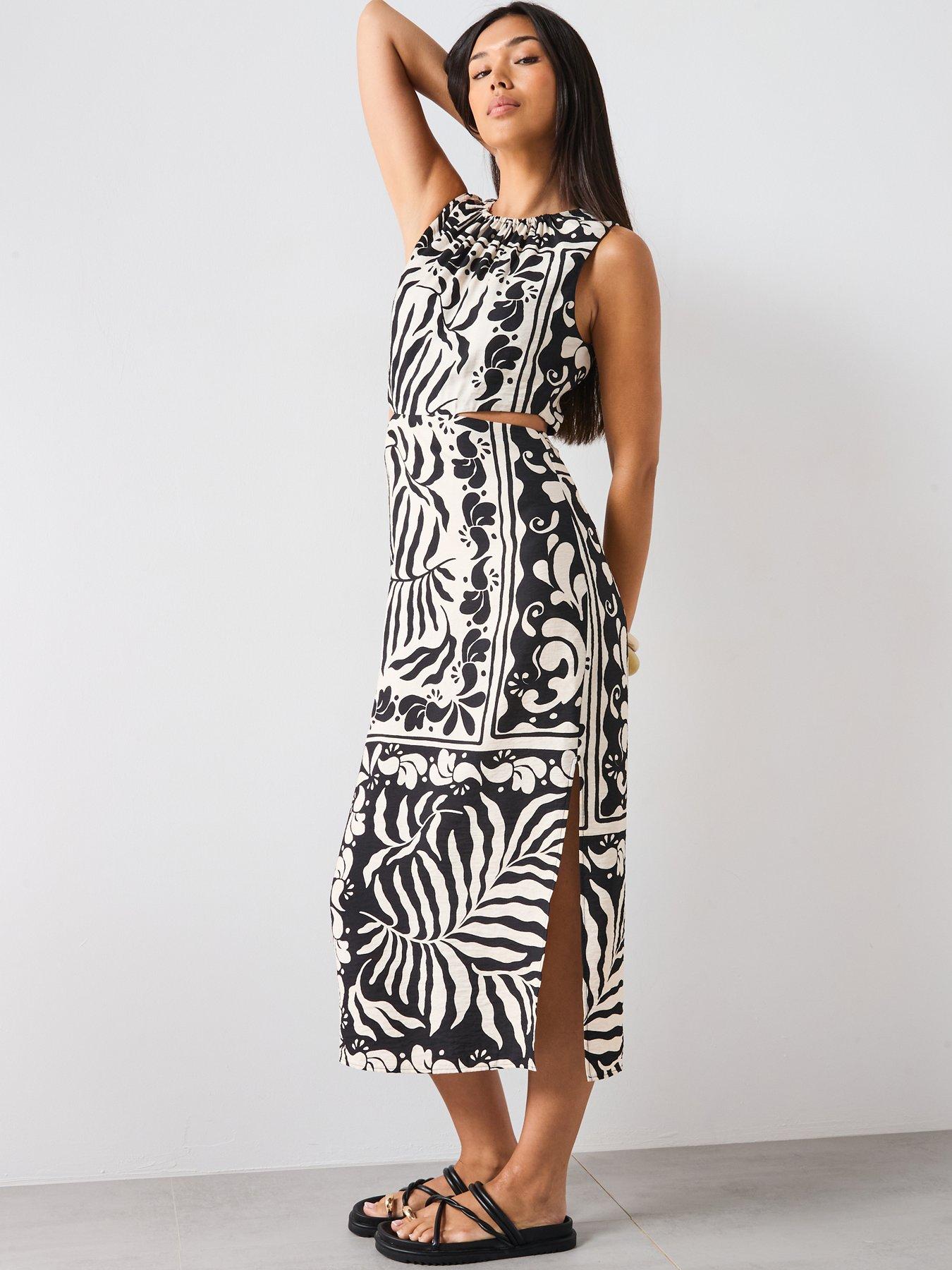  image of mango-printed-dress-with-cut-out-black
