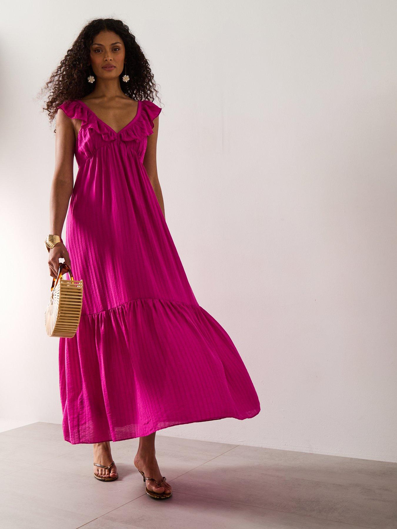 mango-long-dress-with-ruffle-neckline-pink