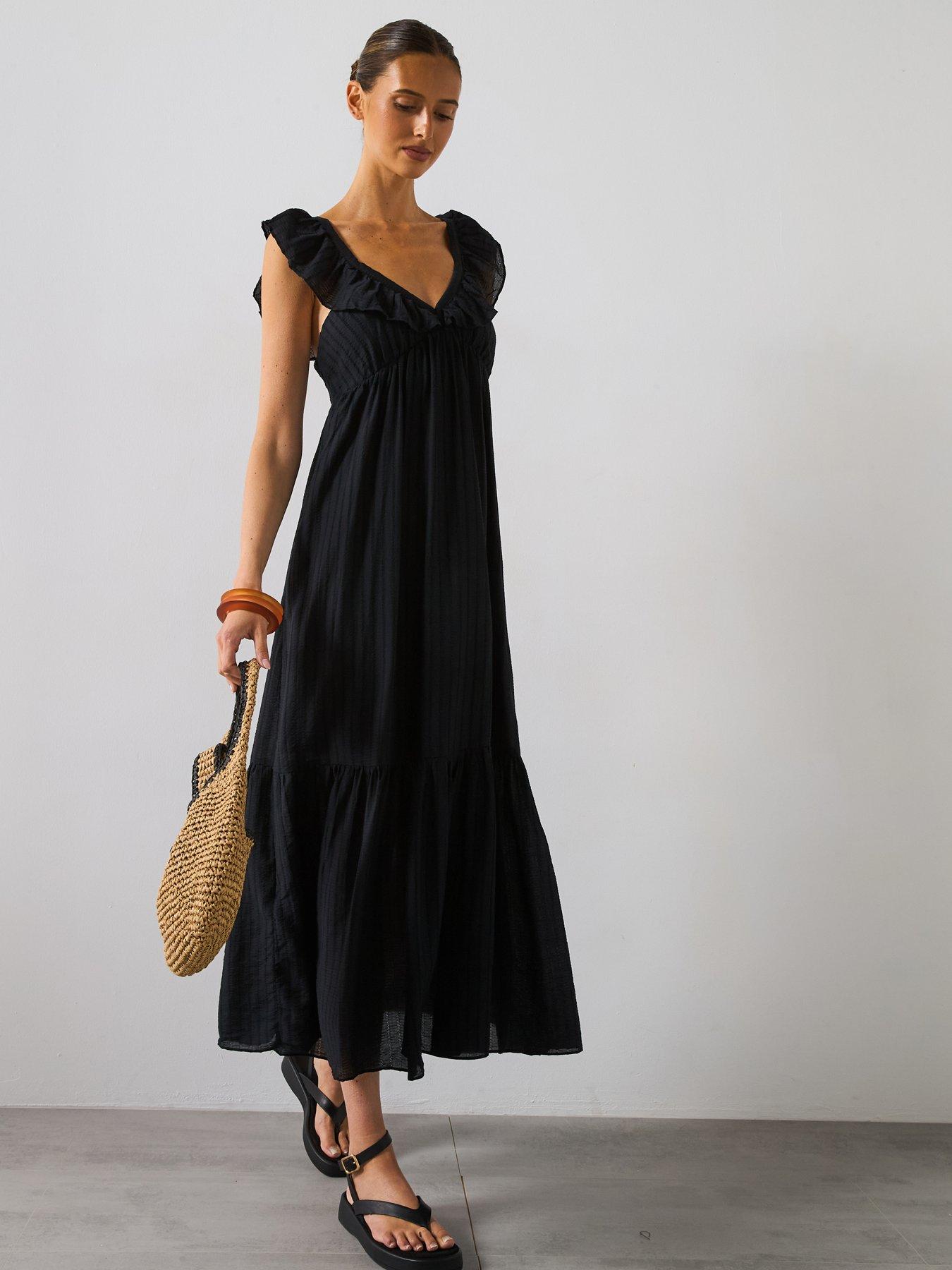 undefined Frill V-Neck Midi Dress - Black