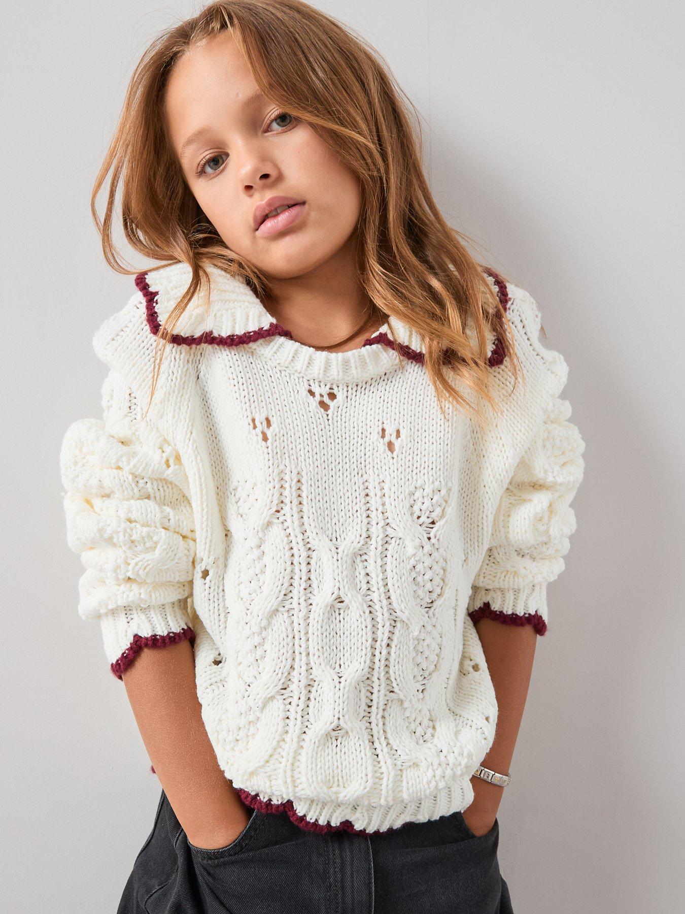 undefined Girls Cable Knit Hem Contrast Jumper with Collar - Cream