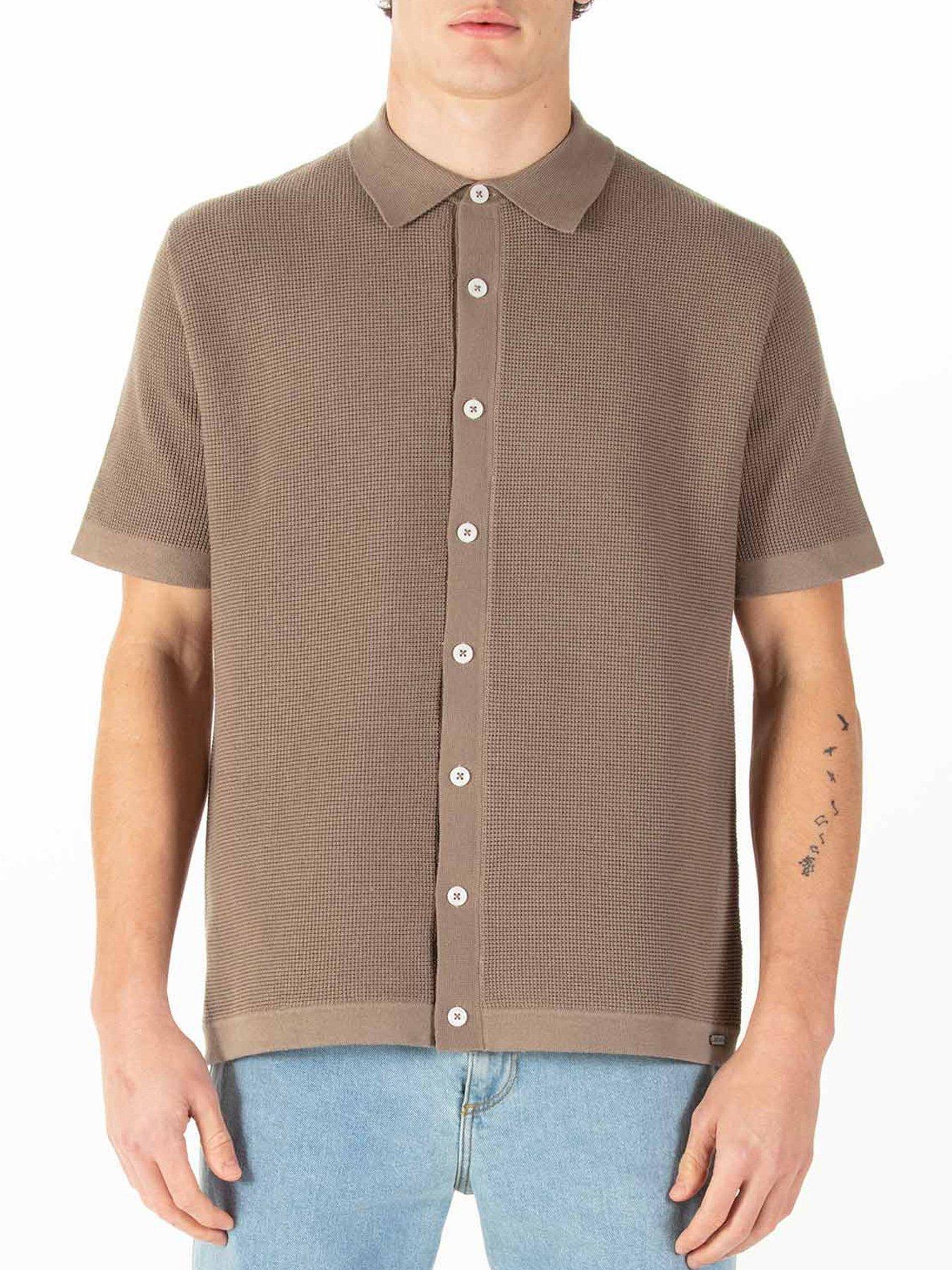  image of luke-1977-deck-knitted-short-sleeve-polo-shirt-dark-brown