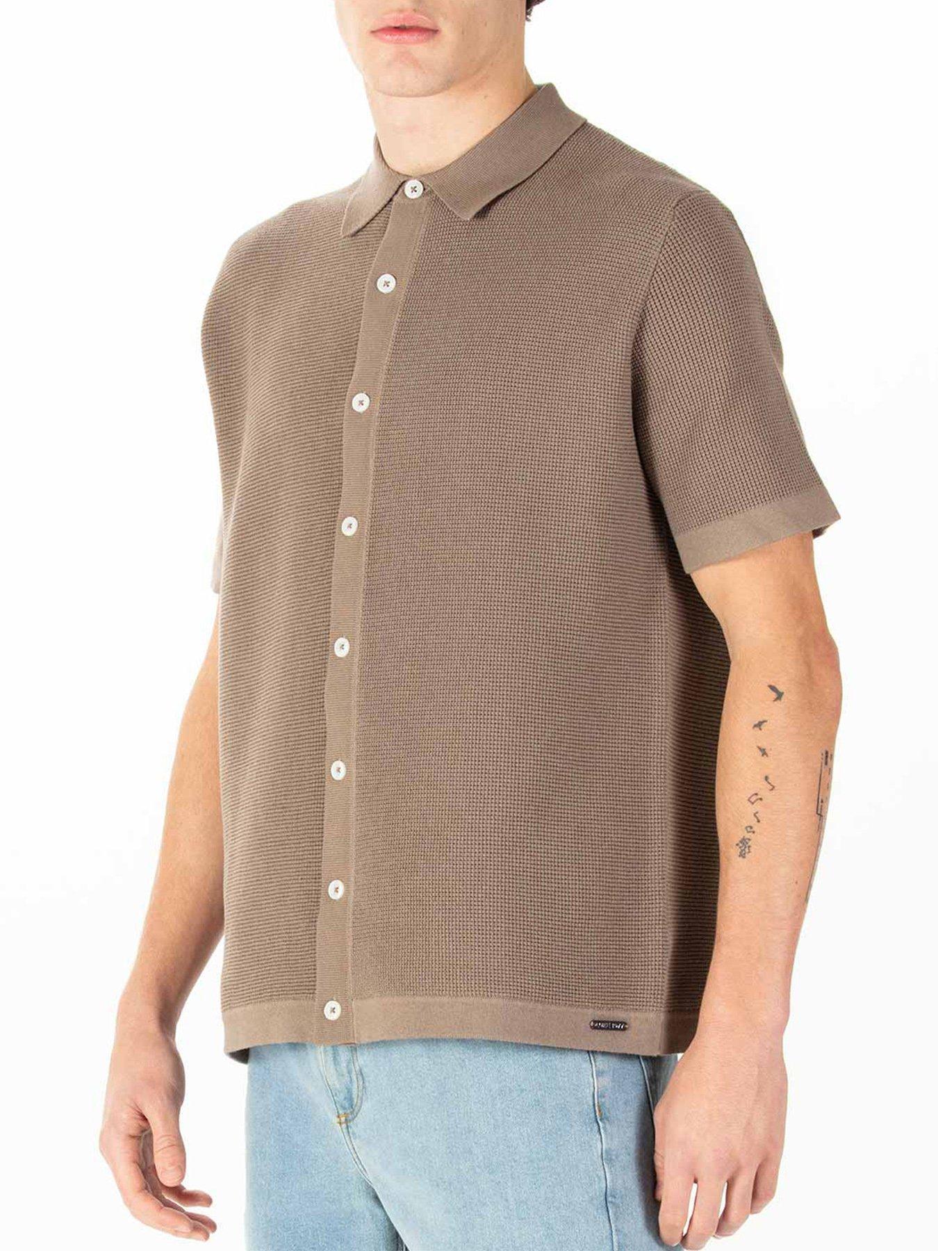  image of luke-1977-deck-knitted-short-sleeve-polo-shirt-dark-brown