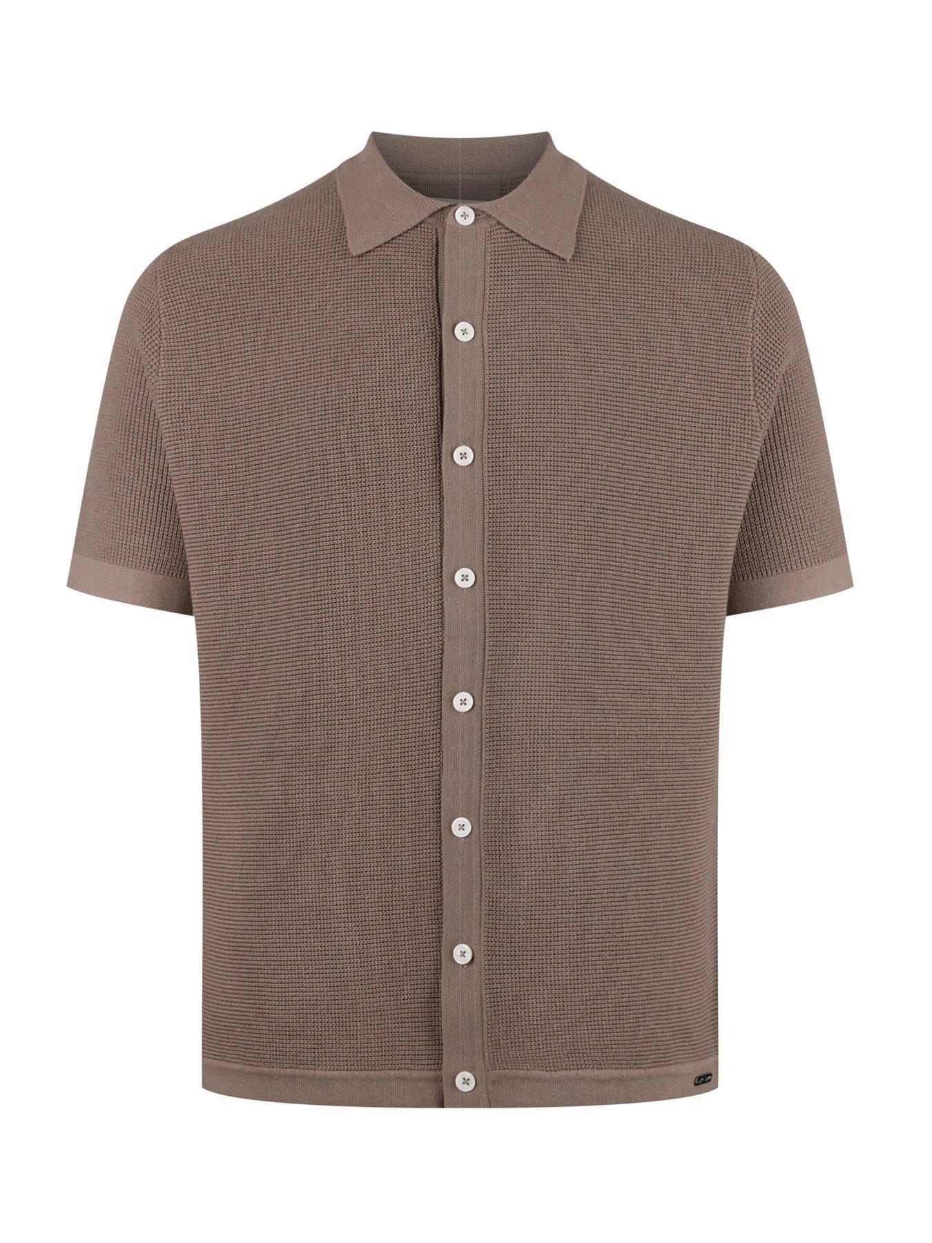  image of luke-1977-deck-knitted-short-sleeve-polo-shirt-dark-brown