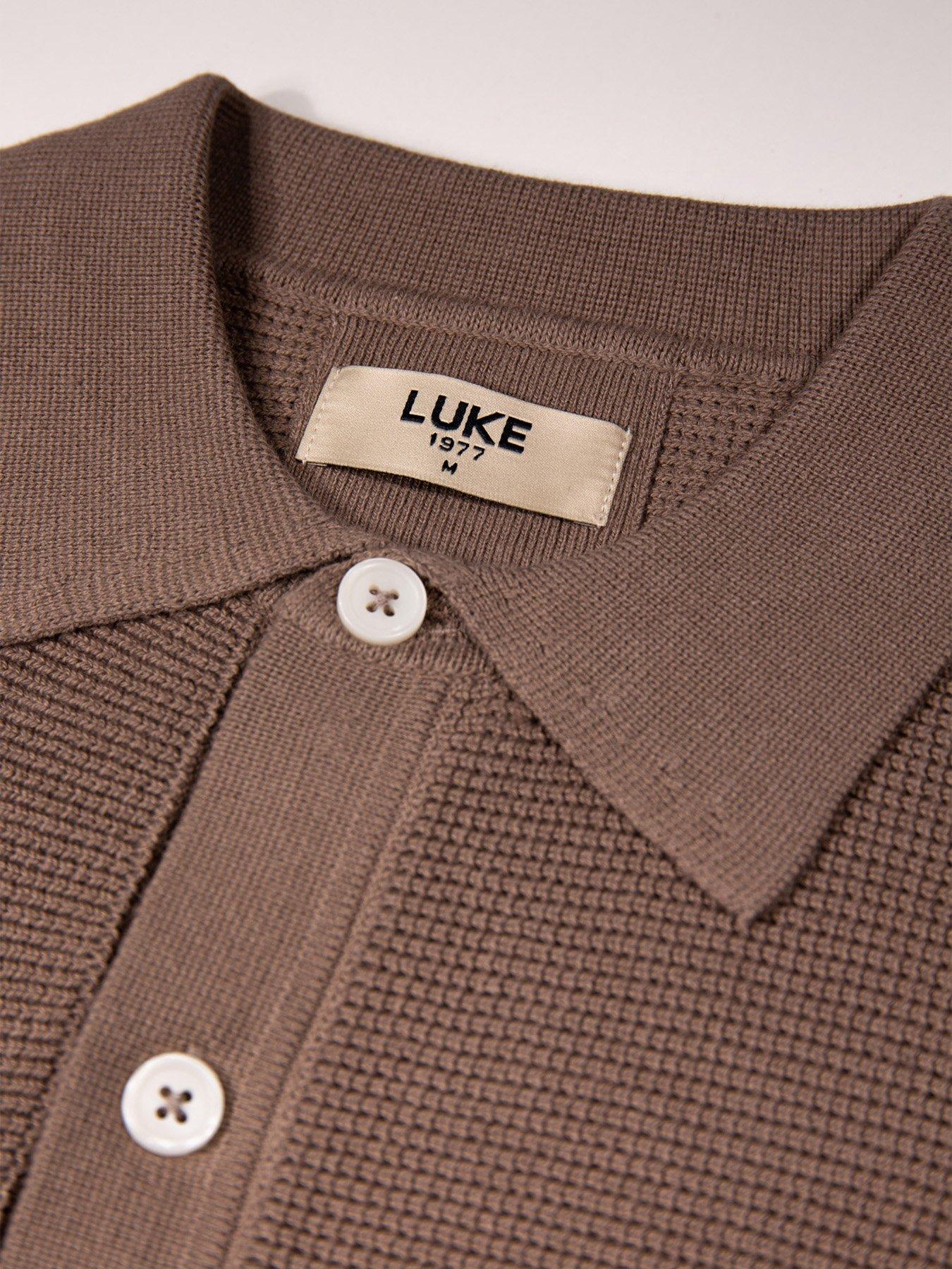 image of luke-1977-deck-knitted-short-sleeve-polo-shirt-dark-brown