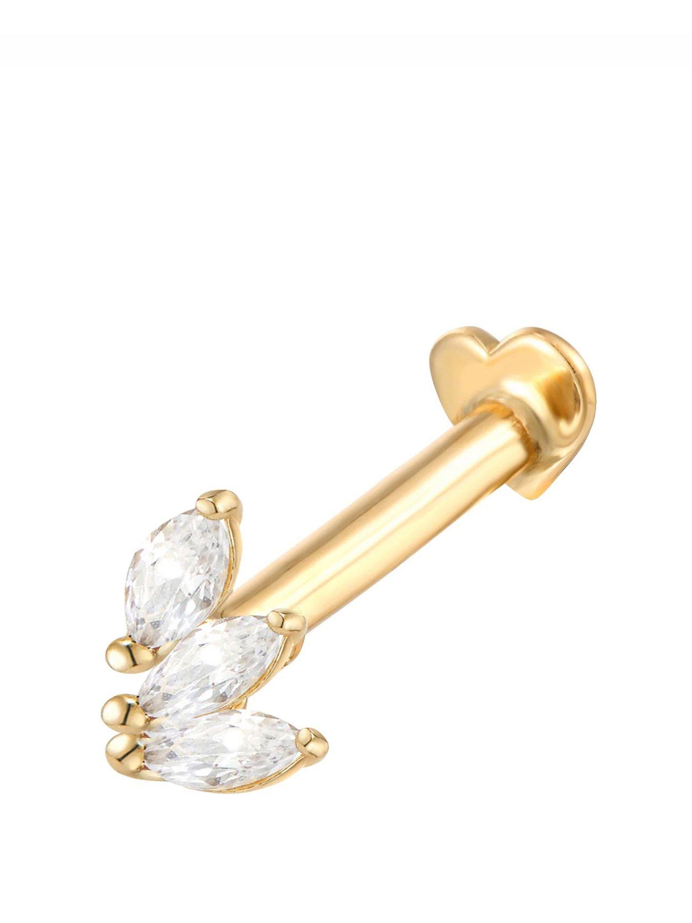 The Love Collection Gold Plated Sterling Silver CZ Floral Single Stud with Heart Flat Back