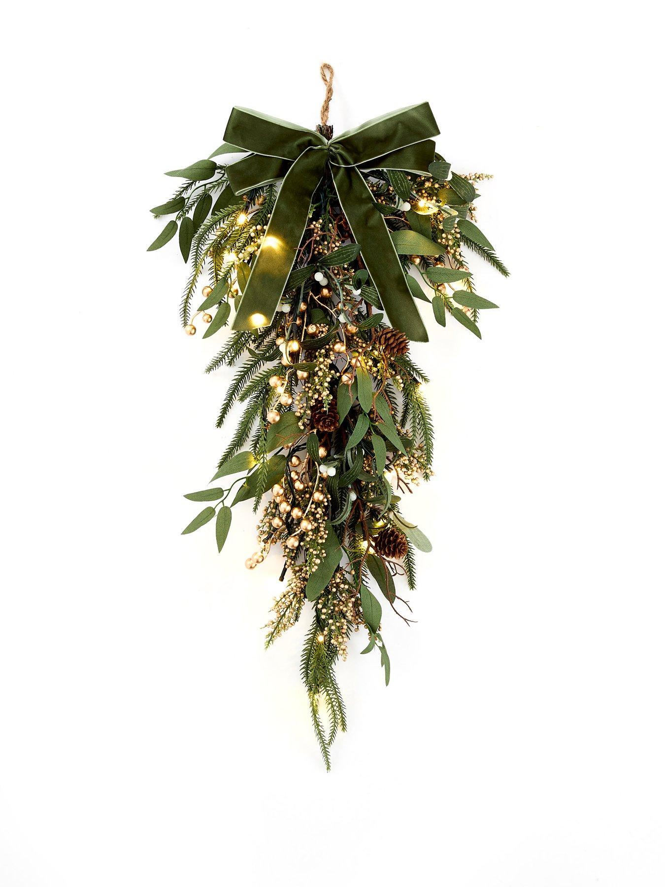 Image 3 of 5 of Very Home Mistletoe and Gold Berry Pre Lit&nbsp;Teardrop Christmas Wreath - 70 cm
