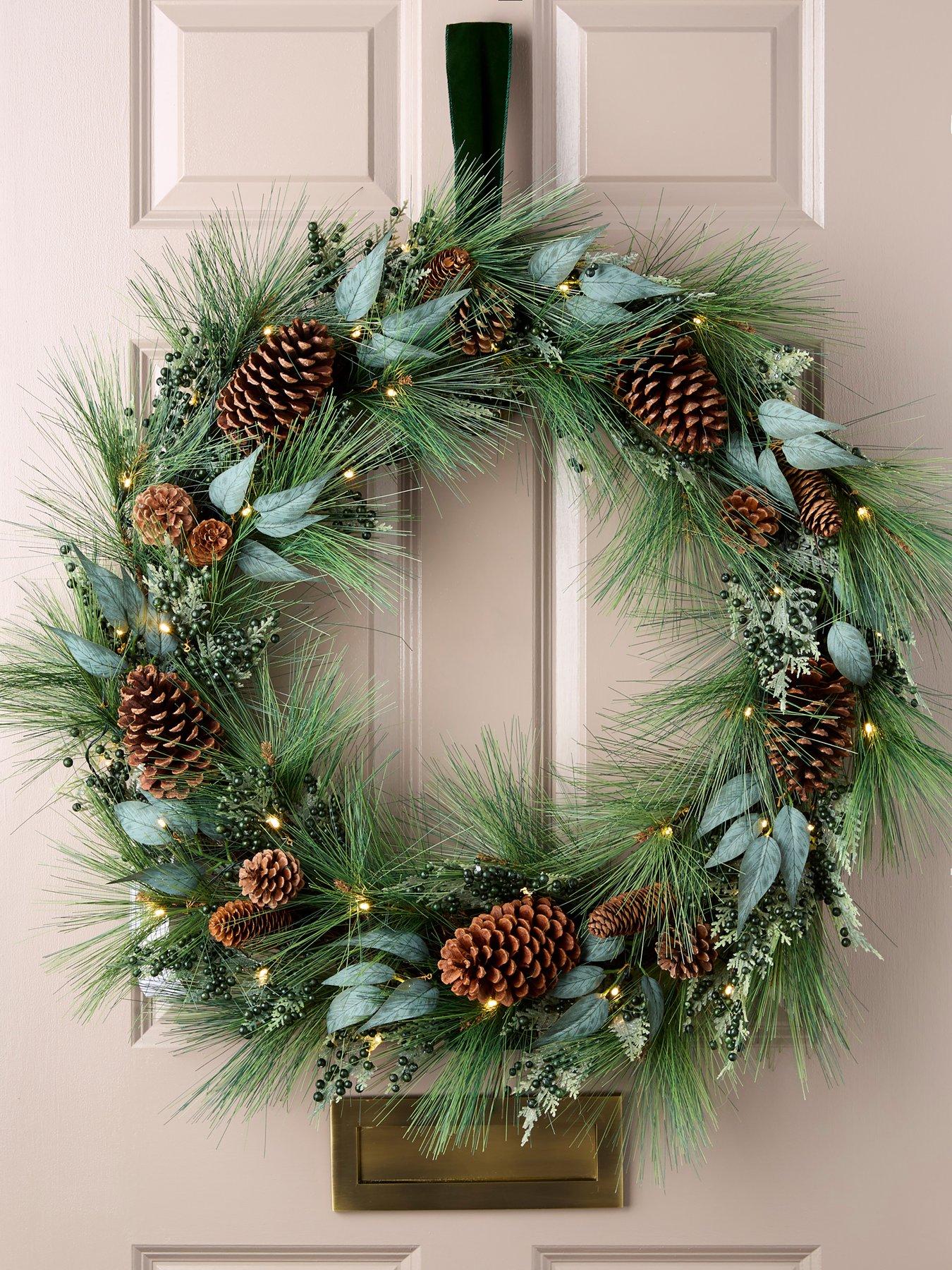 Image 1 of 5 of Very Home Pre Lit Christmas Wreath with Green Berries and Pinecones - 90 cm