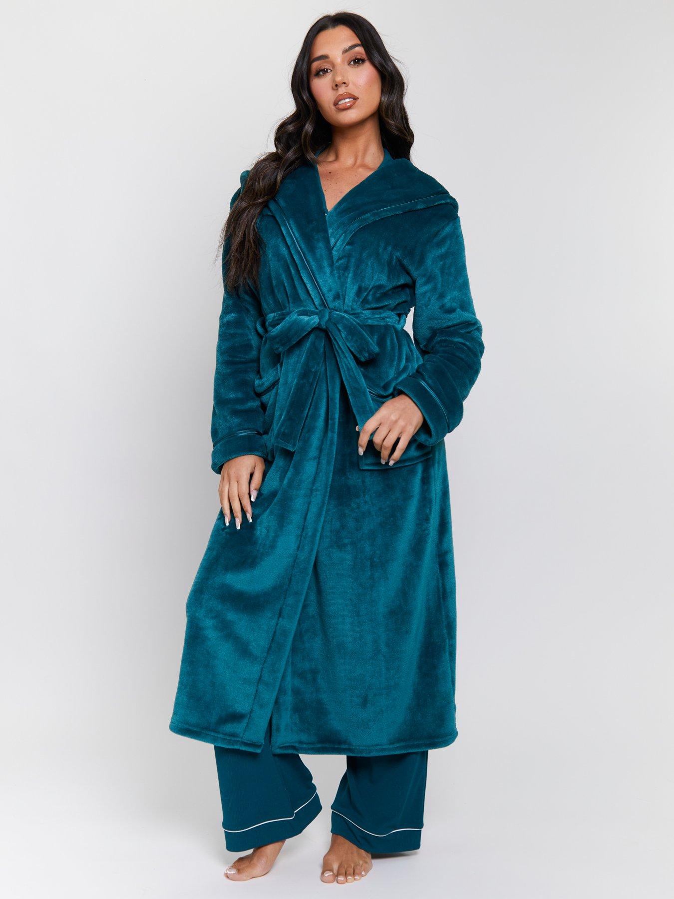 Image 1 of 4 of Loungeable Ribbon Trim Luxury Fleece Hooded Maxi Dressing Gown - Green