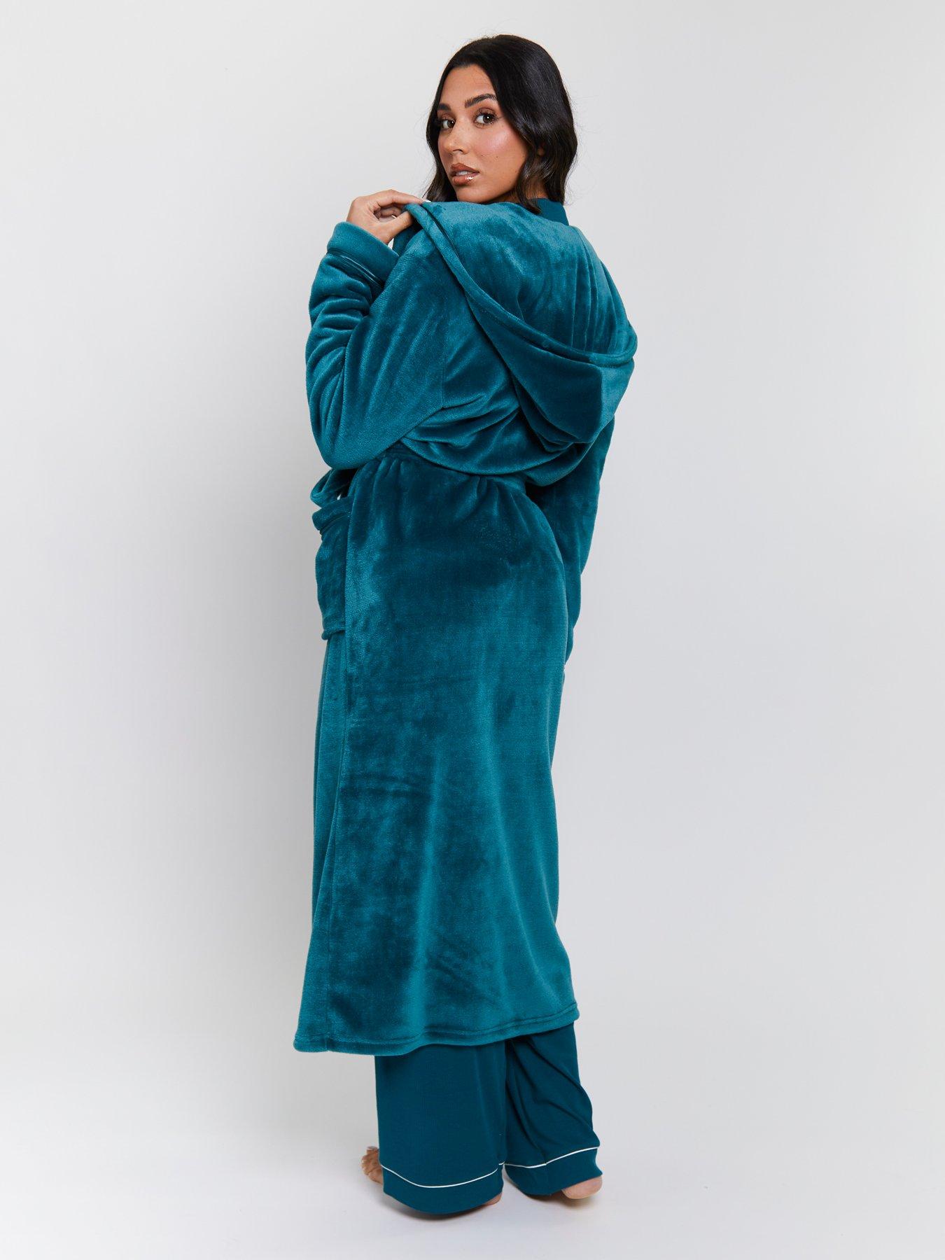 Image 2 of 4 of Loungeable Ribbon Trim Luxury Fleece Hooded Maxi Dressing Gown - Green