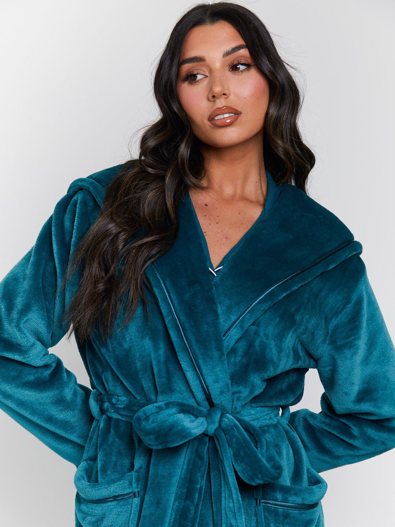 Image 4 of 4 of Loungeable Ribbon Trim Luxury Fleece Hooded Maxi Dressing Gown - Green