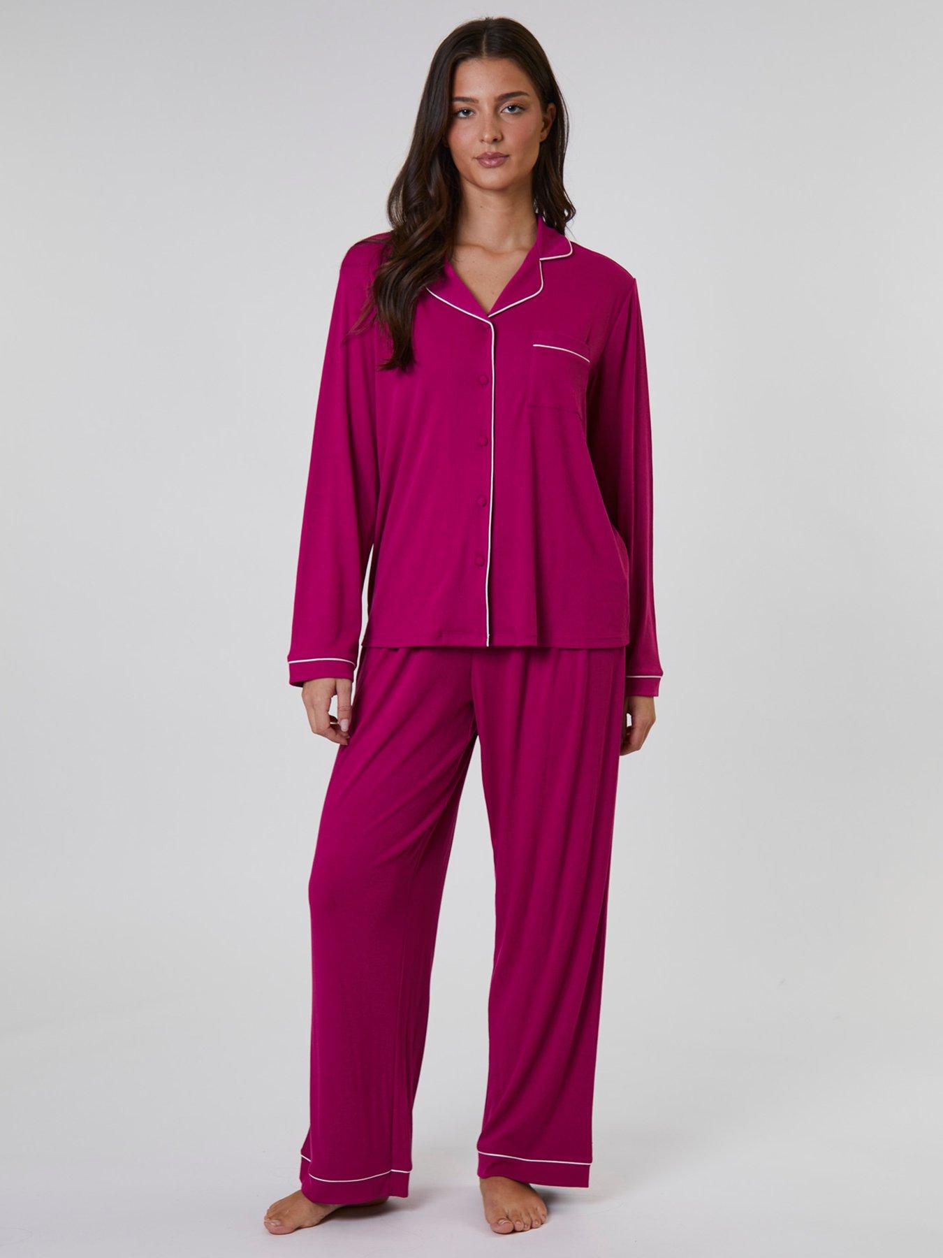 Loungeable Rib Long Sleeve Traditional Shirt And Long Pant - Hot Pink