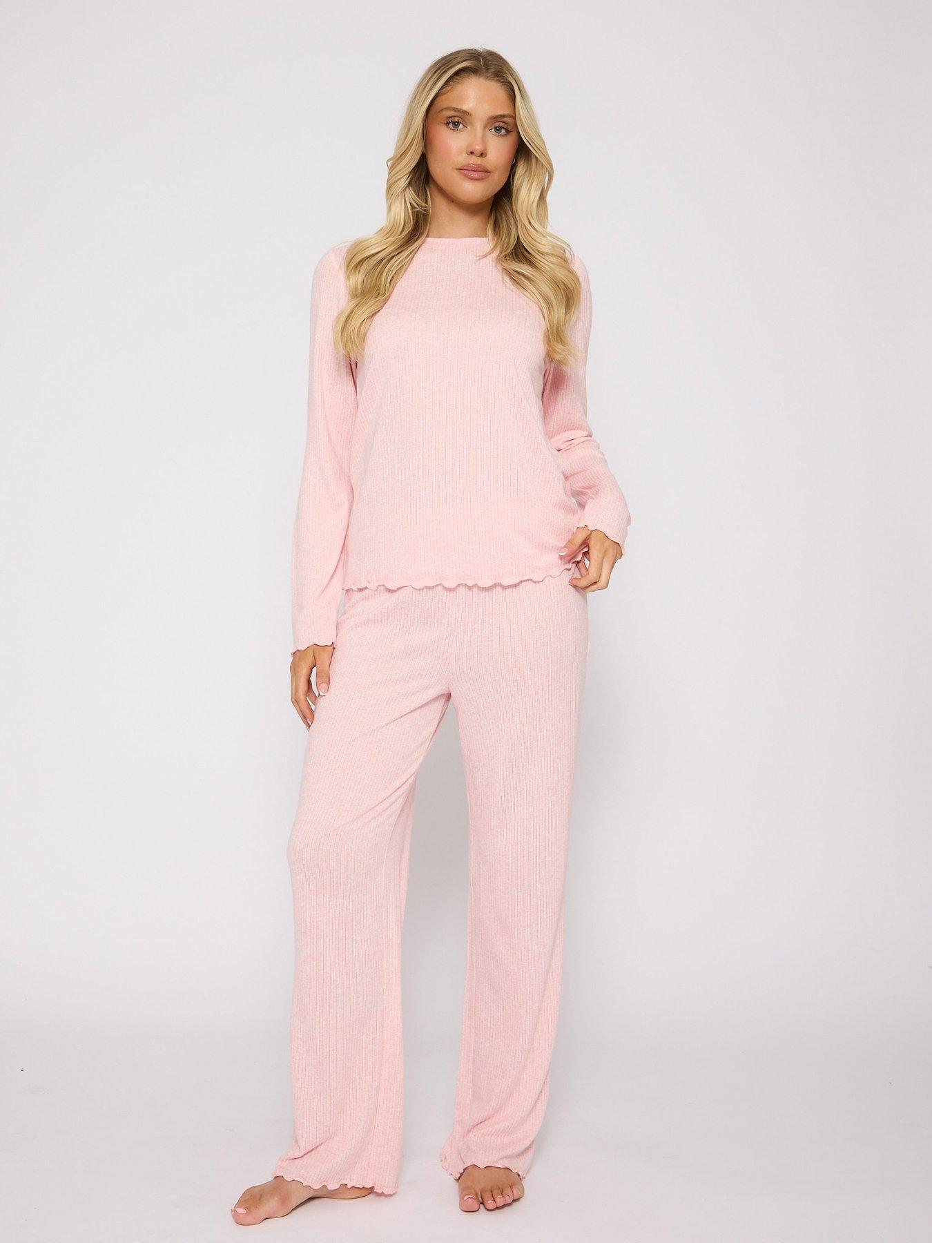 Image 1 of 3 of Loungeable Marl Brushed Knit Rib Long Sleeve And Trouser Pyjama Set - Pink