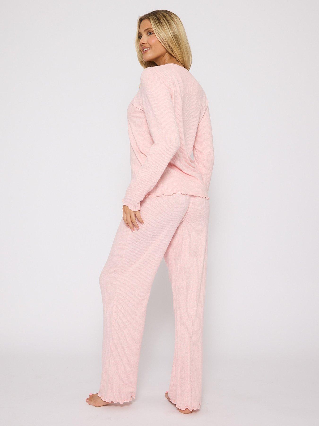 Image 2 of 3 of Loungeable Marl Brushed Knit Rib Long Sleeve And Trouser Pyjama Set - Pink
