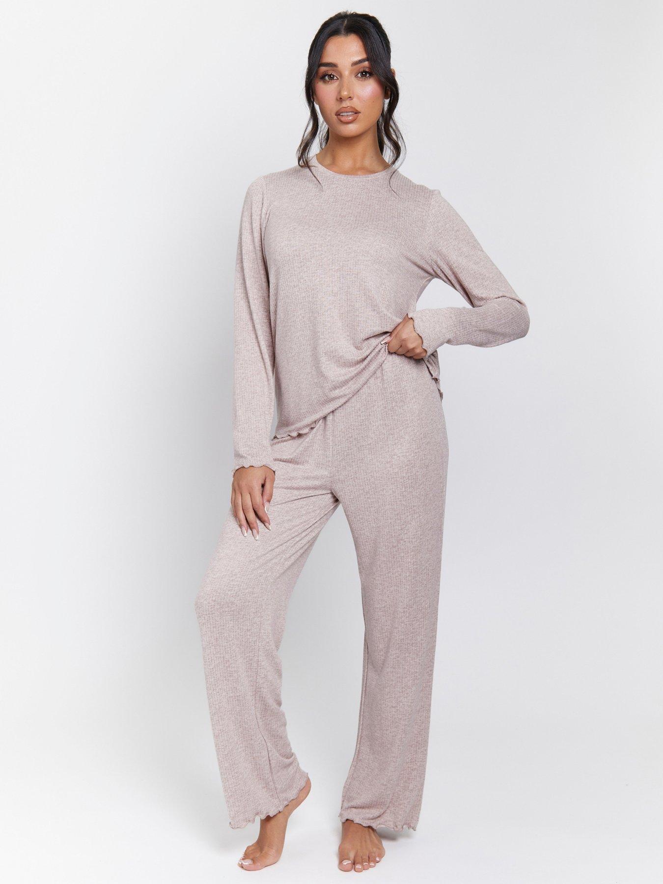 undefined Marl Brushed Knit Rib Long Sleeve And Trouser Pyjama Set - Taupe