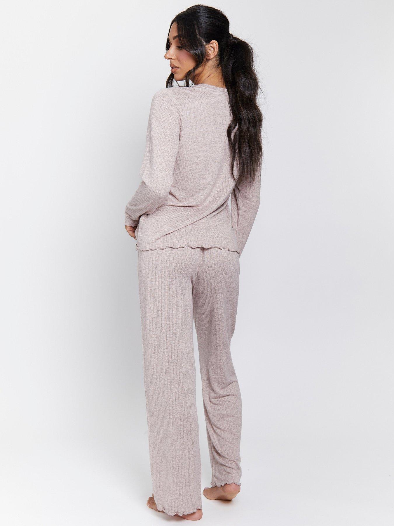 Image 2 of 4 of Loungeable Marl Brushed Knit Rib Long Sleeve And Trouser Pyjama Set - Taupe