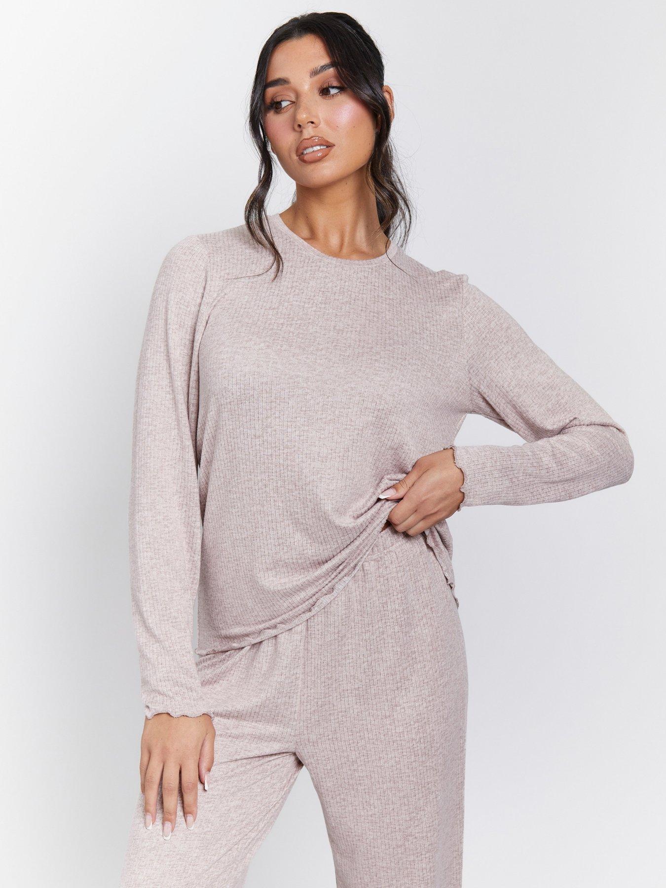 Image 3 of 4 of Loungeable Marl Brushed Knit Rib Long Sleeve And Trouser Pyjama Set - Taupe