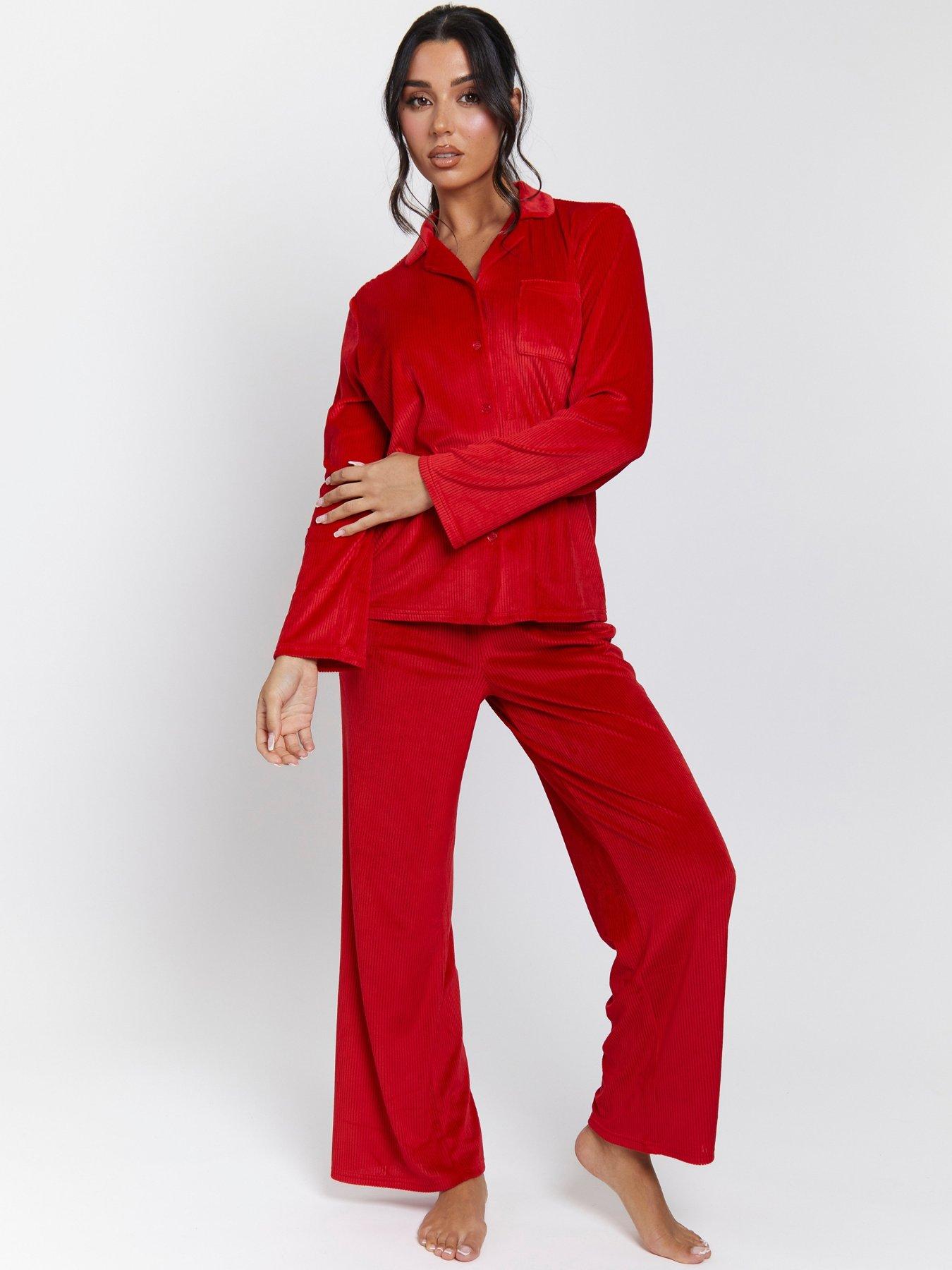 undefined Velour Rib Long Sleeved Traditional Pyjama Set - Red