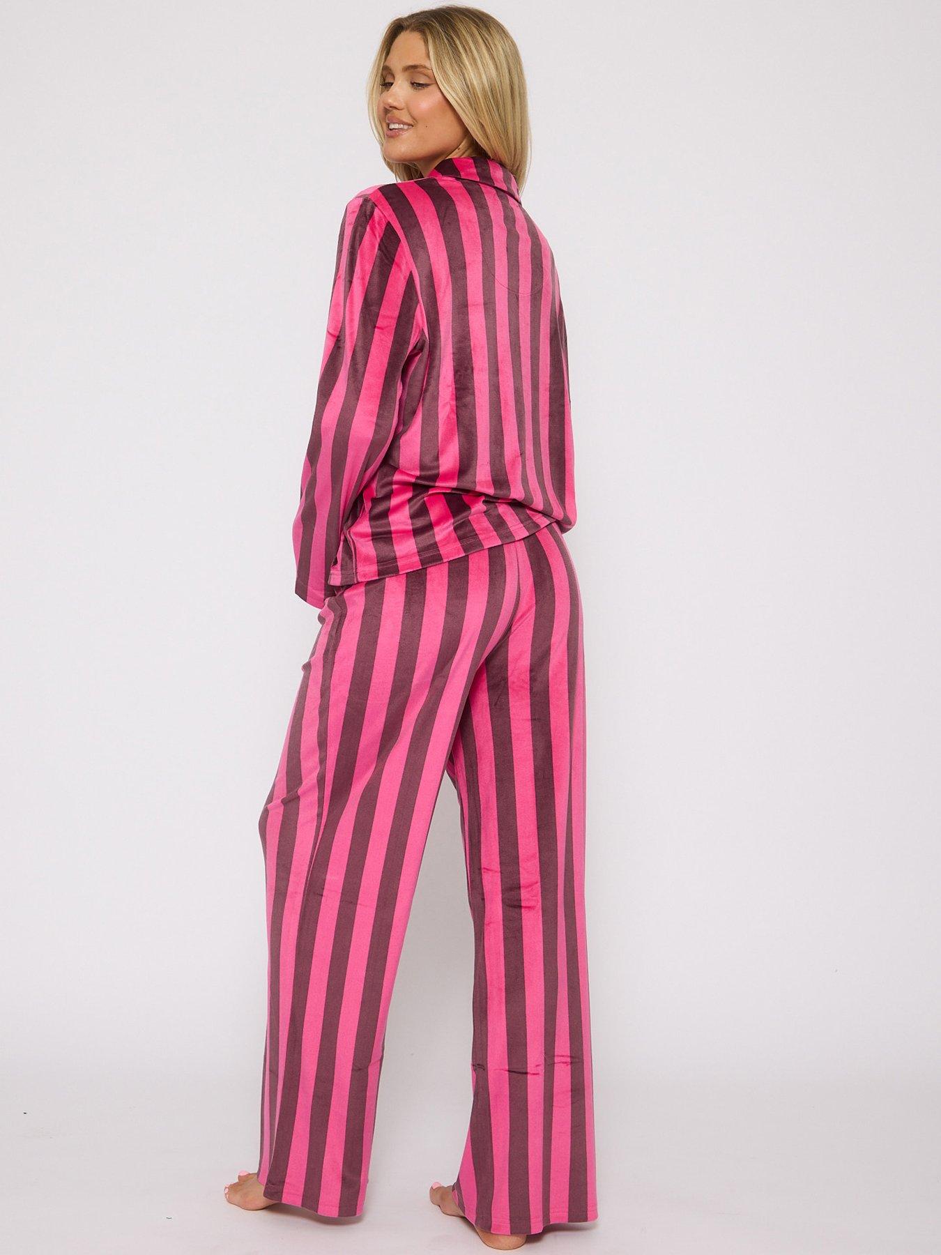 Image 2 of 4 of Loungeable Striped Velour Long Sleeved Top And Trouser Traditional Pyjama Set - Pink