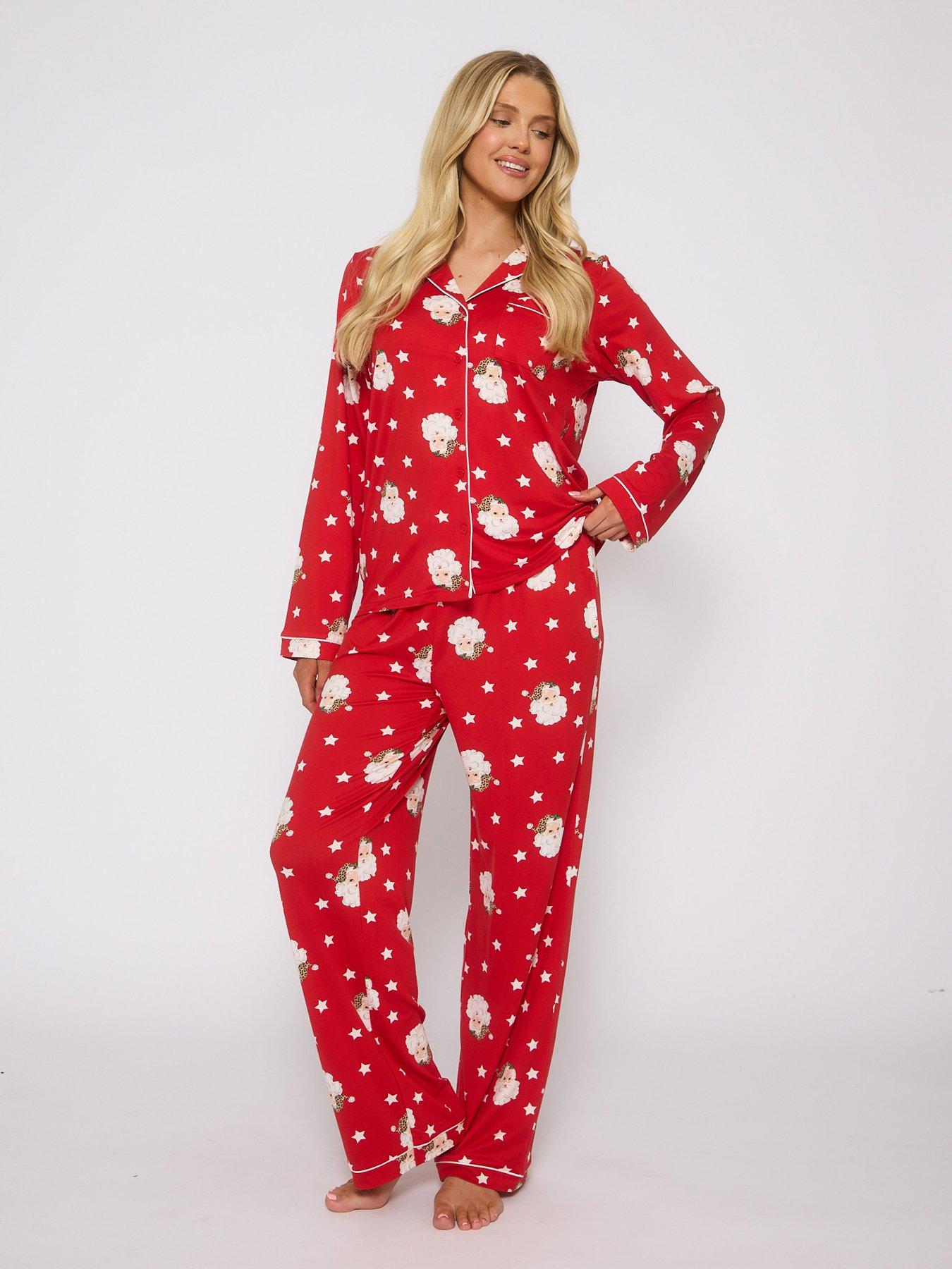 undefined Leopard Santa Button Shirt And Long Pant Christmas Pyjamas Set - Red