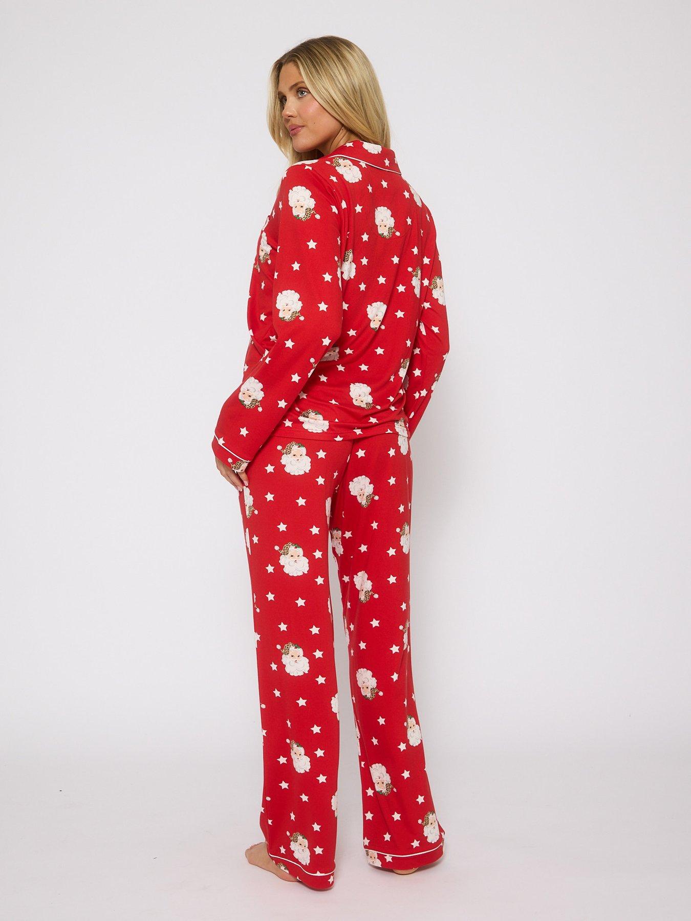 Image 2 of 5 of Loungeable Leopard Santa Button Shirt And Long Pant Christmas Pyjamas Set - Red