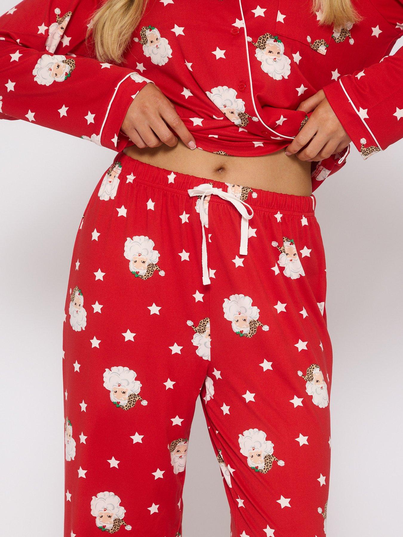Image 3 of 5 of Loungeable Leopard Santa Button Shirt And Long Pant Christmas Pyjamas Set - Red