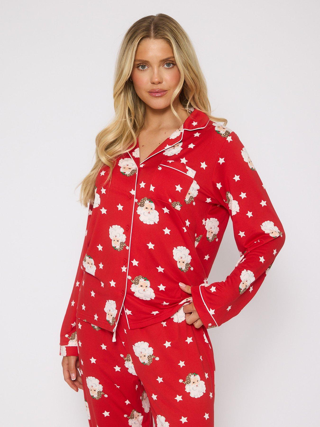 Image 4 of 5 of Loungeable Leopard Santa Button Shirt And Long Pant Christmas Pyjamas Set - Red
