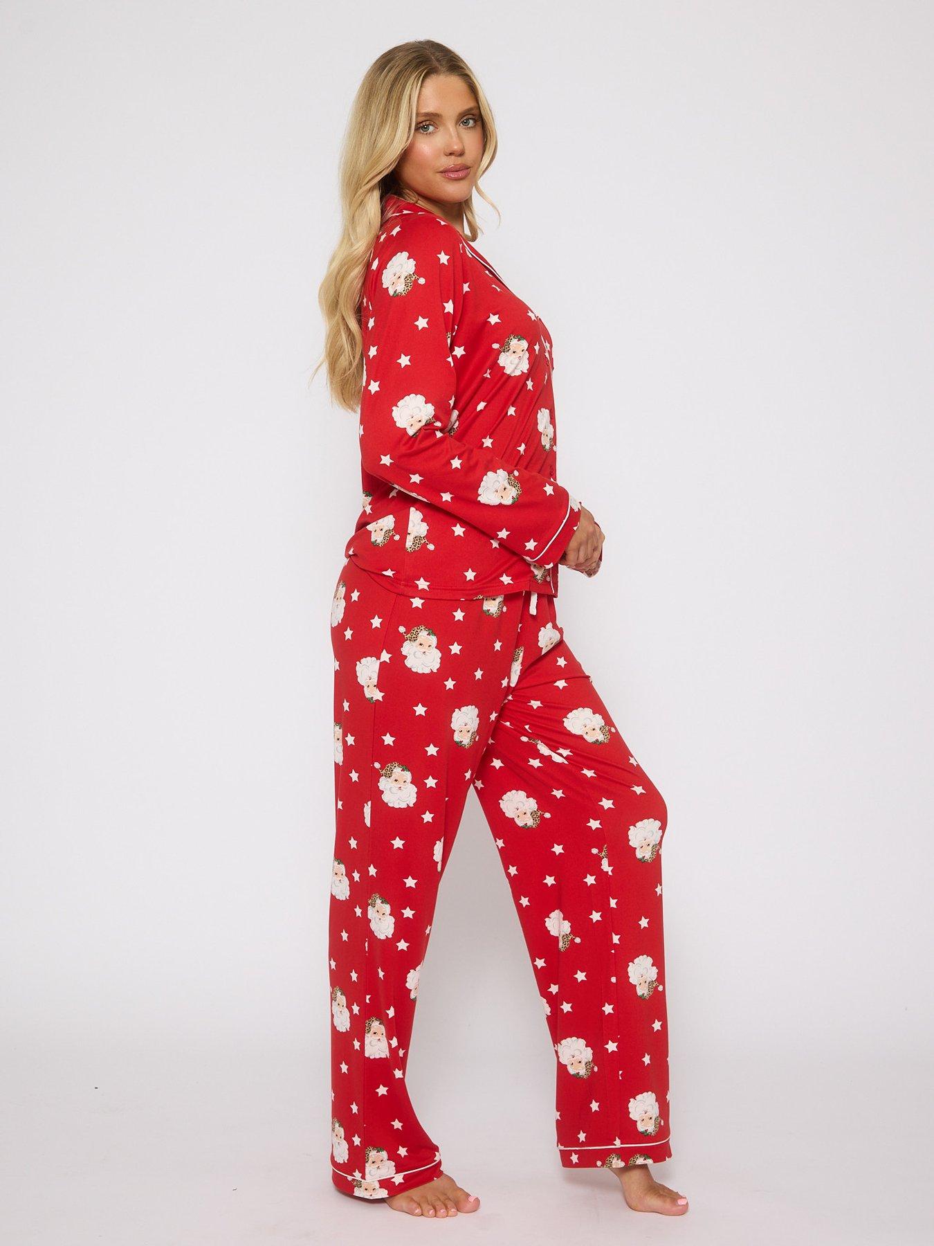 Image 5 of 5 of Loungeable Leopard Santa Button Shirt And Long Pant Christmas Pyjamas Set - Red