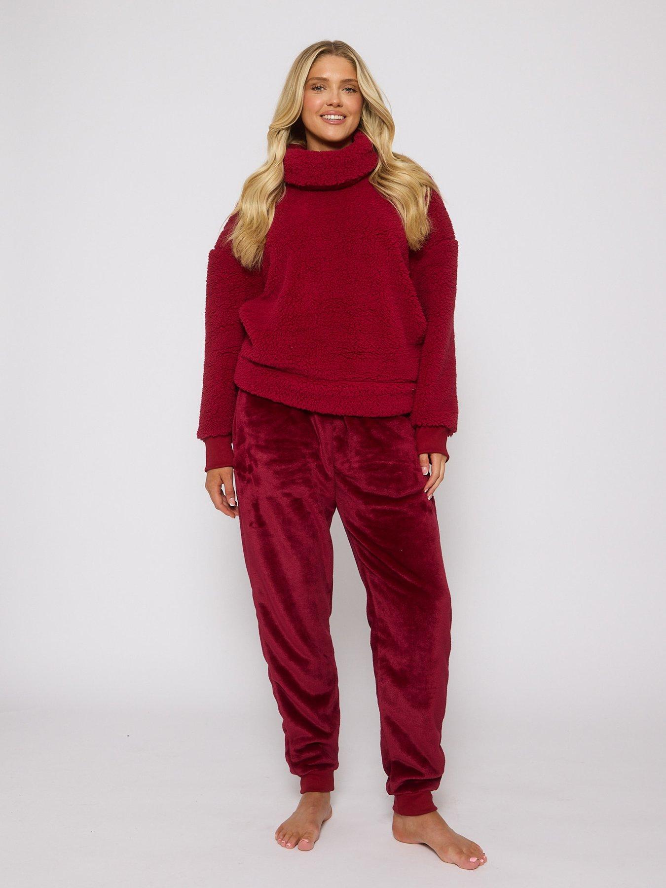 Loungeable Borg Removeable Snood Jumper  &  Luxury Fleece Jogger Lounge Set - Red