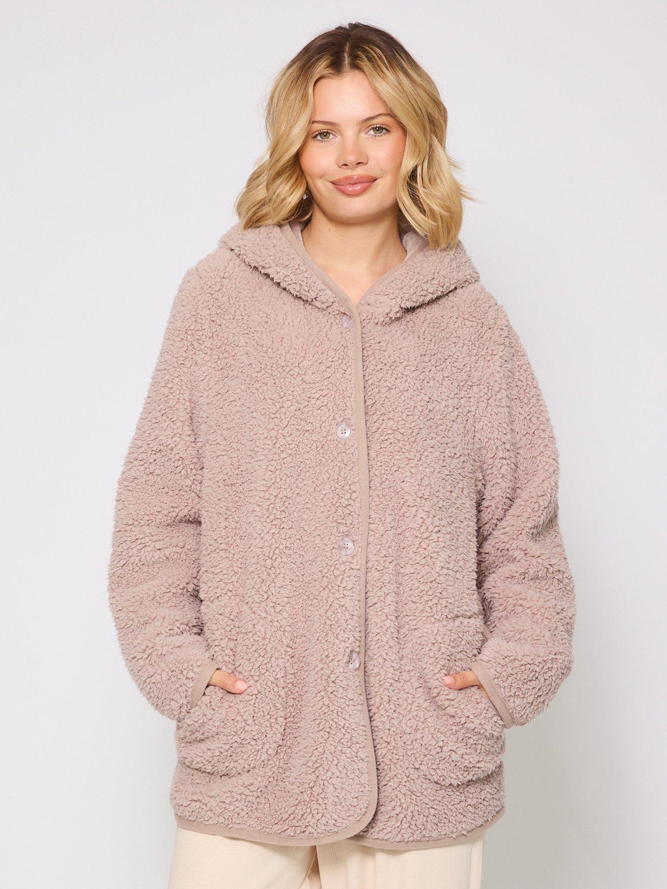 Loungeable Borg Button Lounge Hooded Cardigan - Beige | Littlewoods