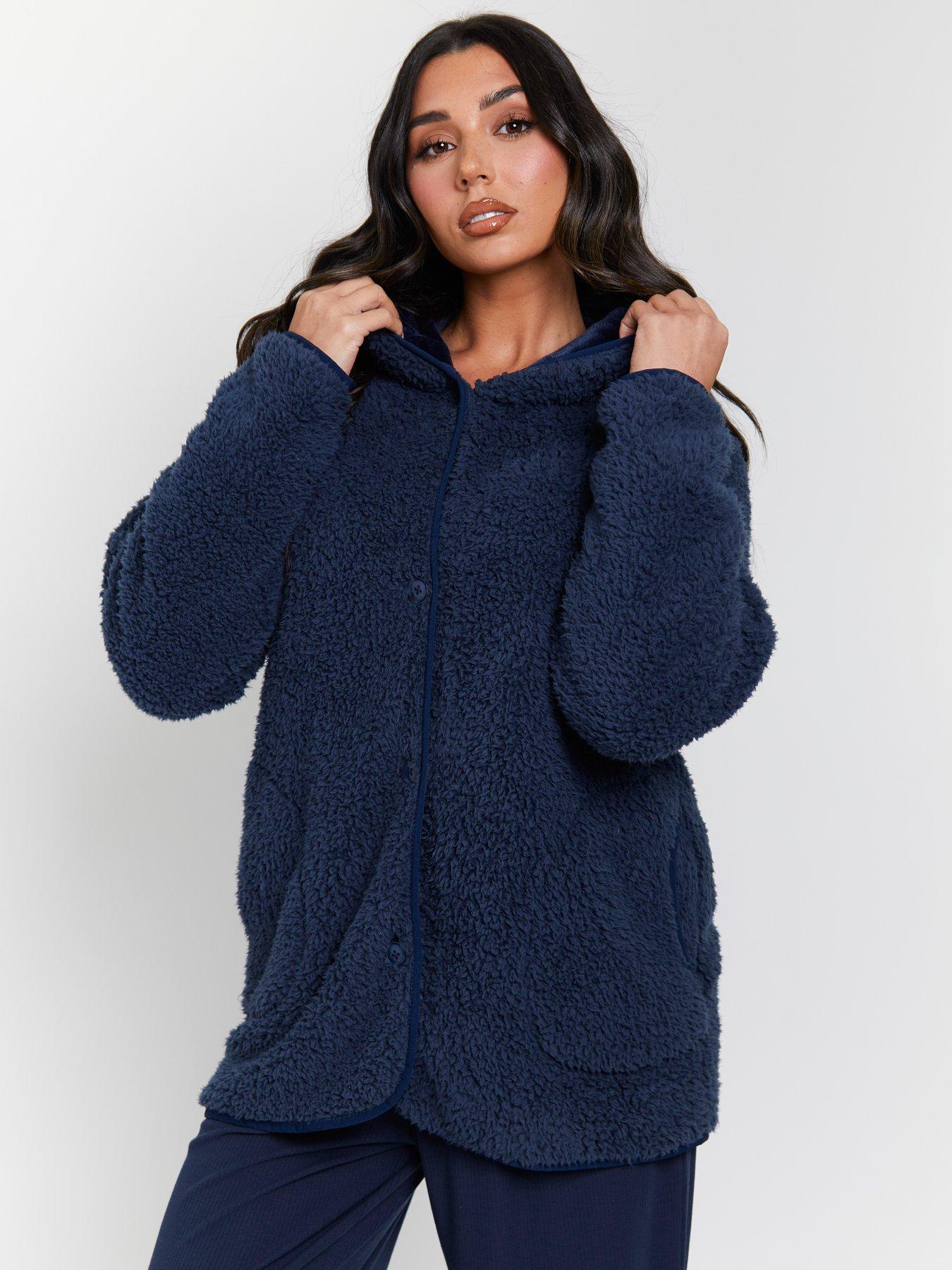 Loungeable Borg Button Lounge Hooded Cardigan - Navy