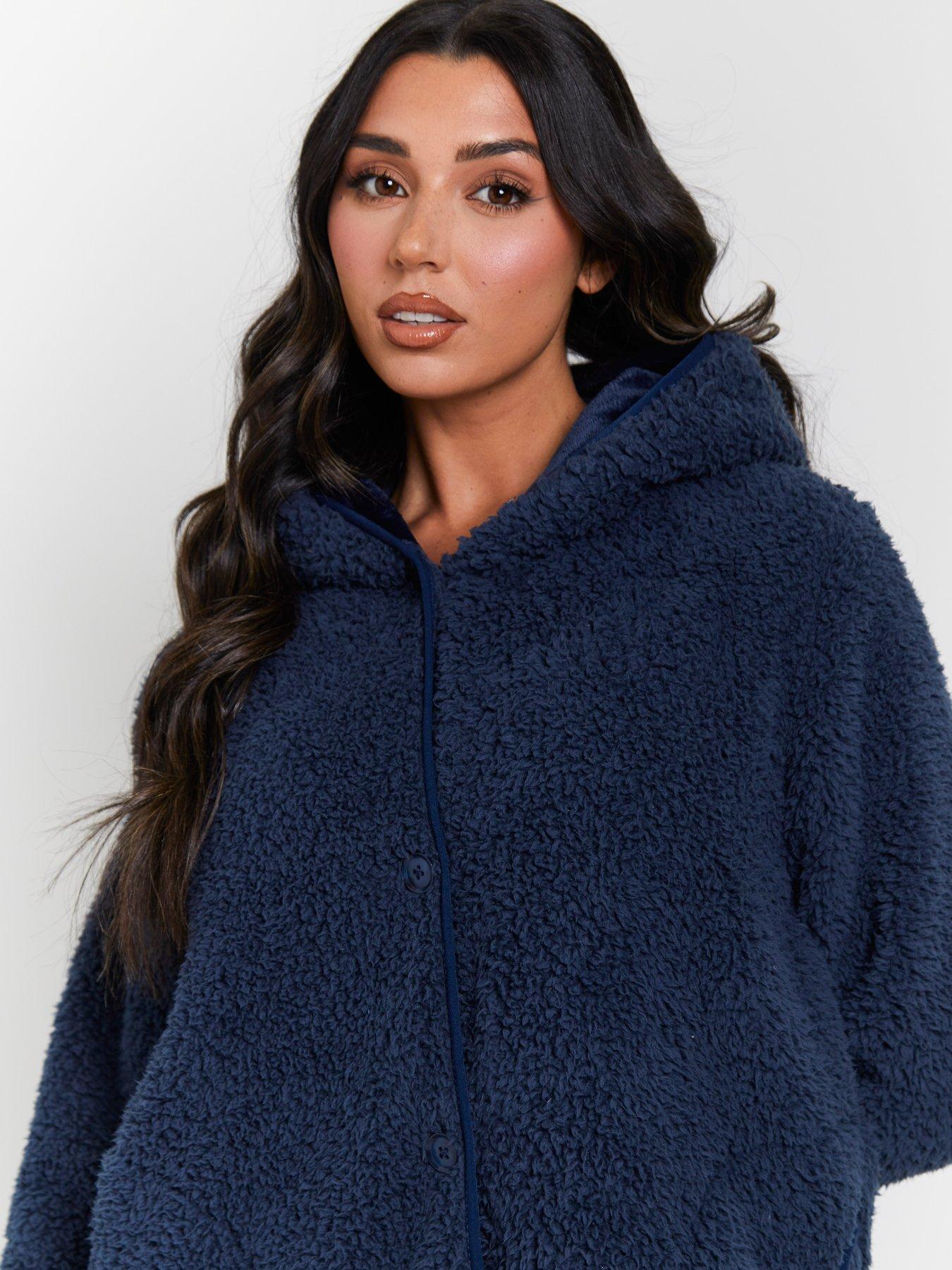 Loungeable Borg Button Lounge Hooded Cardigan - Navy | Littlewoods