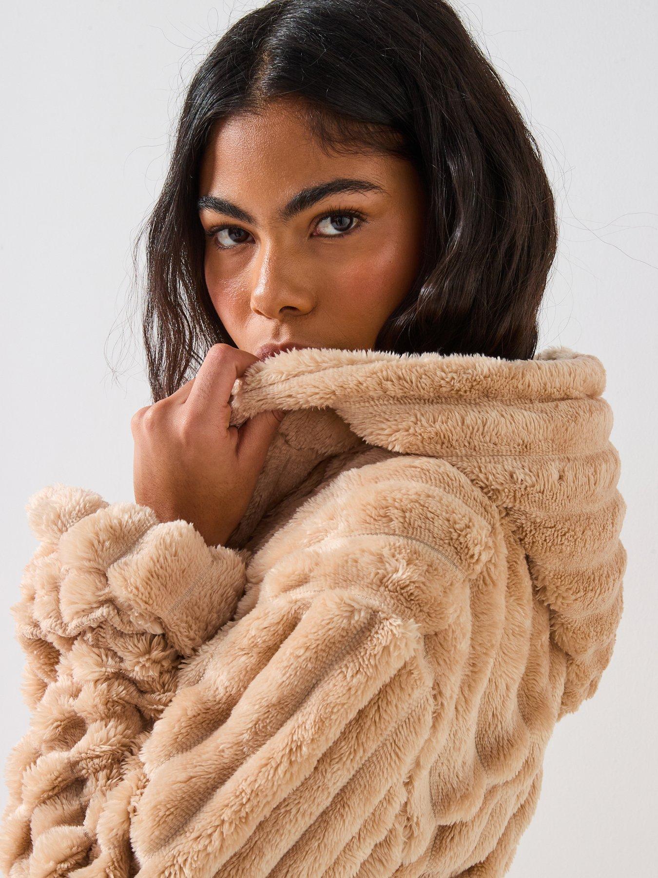 Loungeable Plush Ridged Fleece Hooded Dressing Gown With Faux Fur Leopard  Trim - Beige | Littlewoods