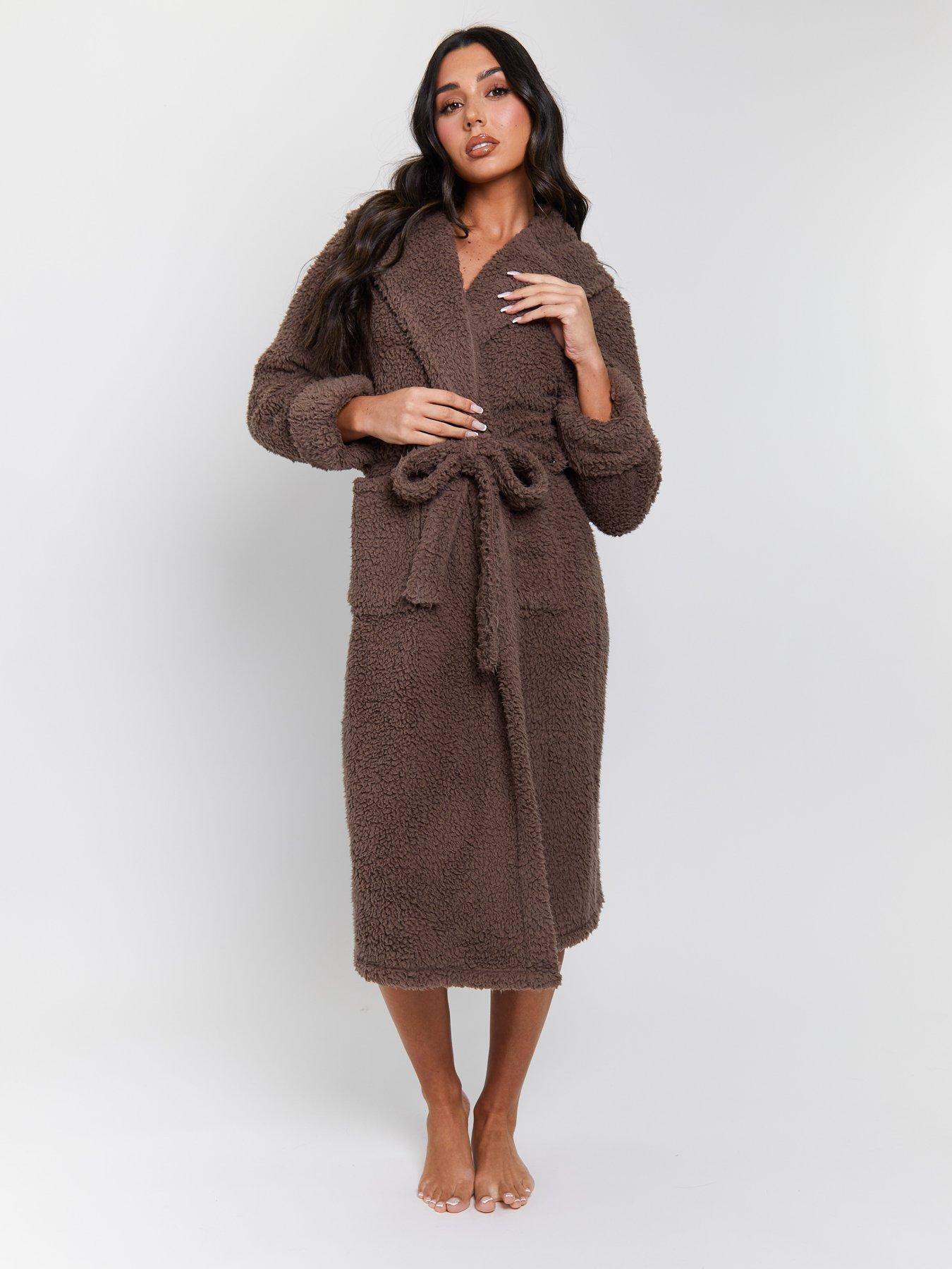 undefined Chunky Sherpa Hooded Maxi Dressing Gown - Beige