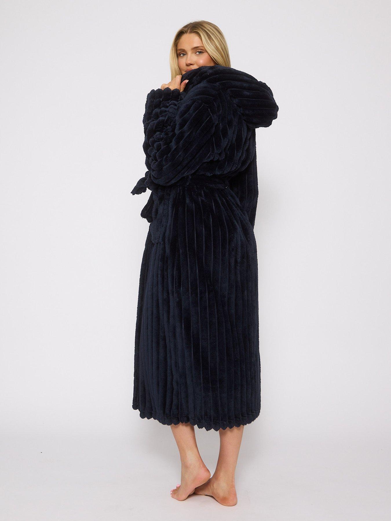 Image 2 of 4 of Loungeable Plush Luxury Maxi Hooded Dressing Gown - Navy - Blue