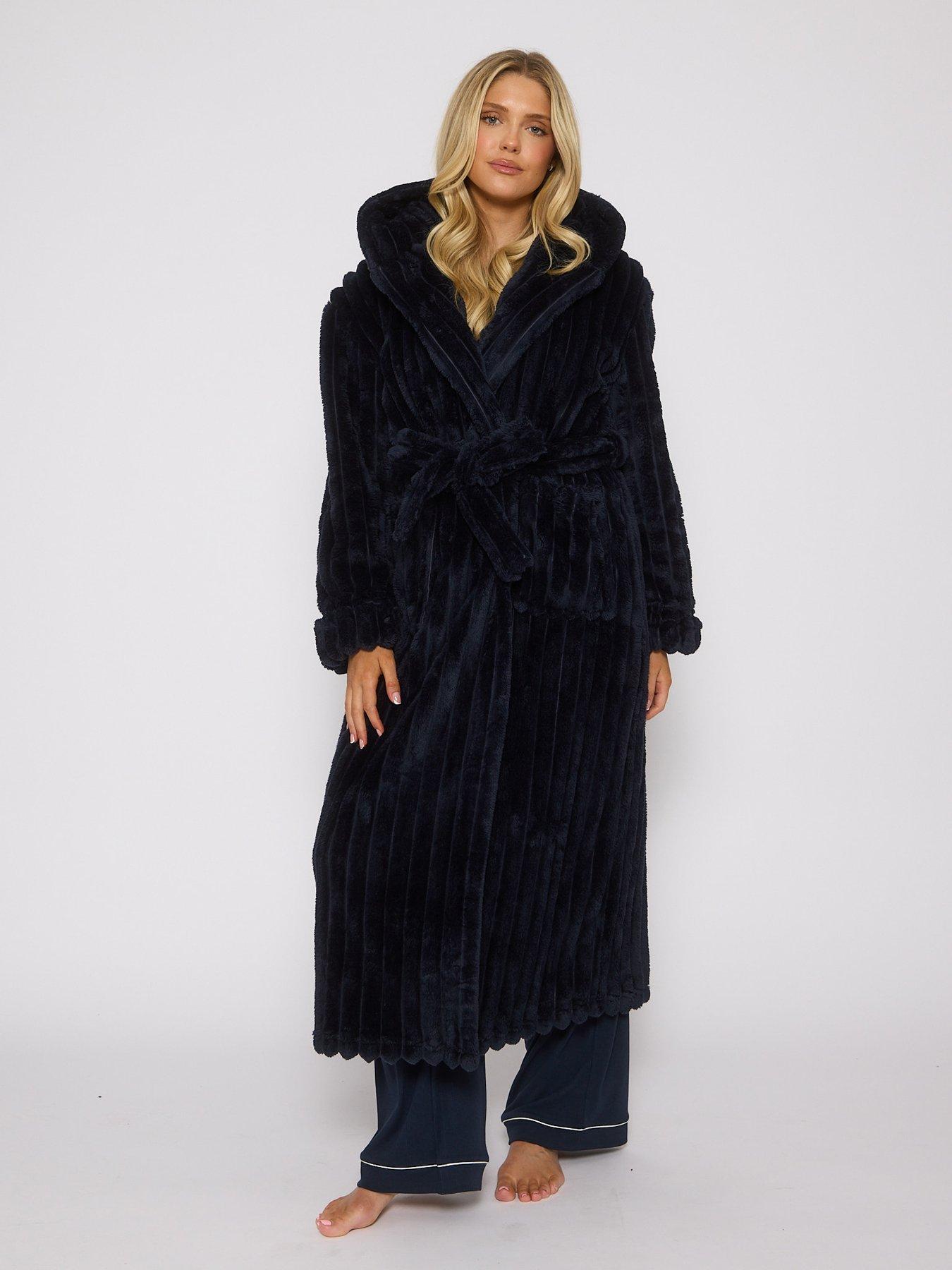 Image 3 of 4 of Loungeable Plush Luxury Maxi Hooded Dressing Gown - Navy - Blue
