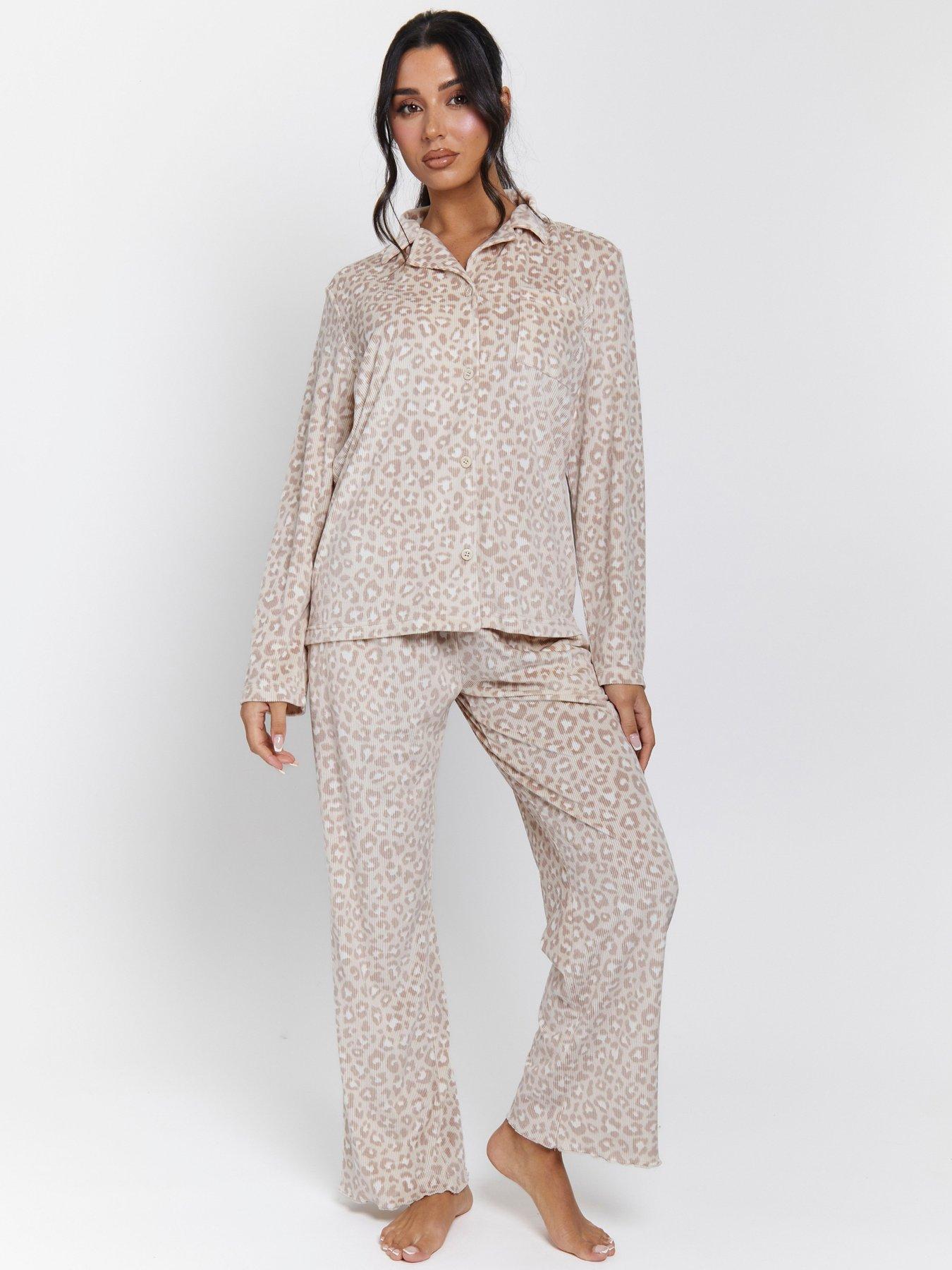 undefined Leopard Ribbed Long Sleeve Top And Trousers Pyjamas - Beige