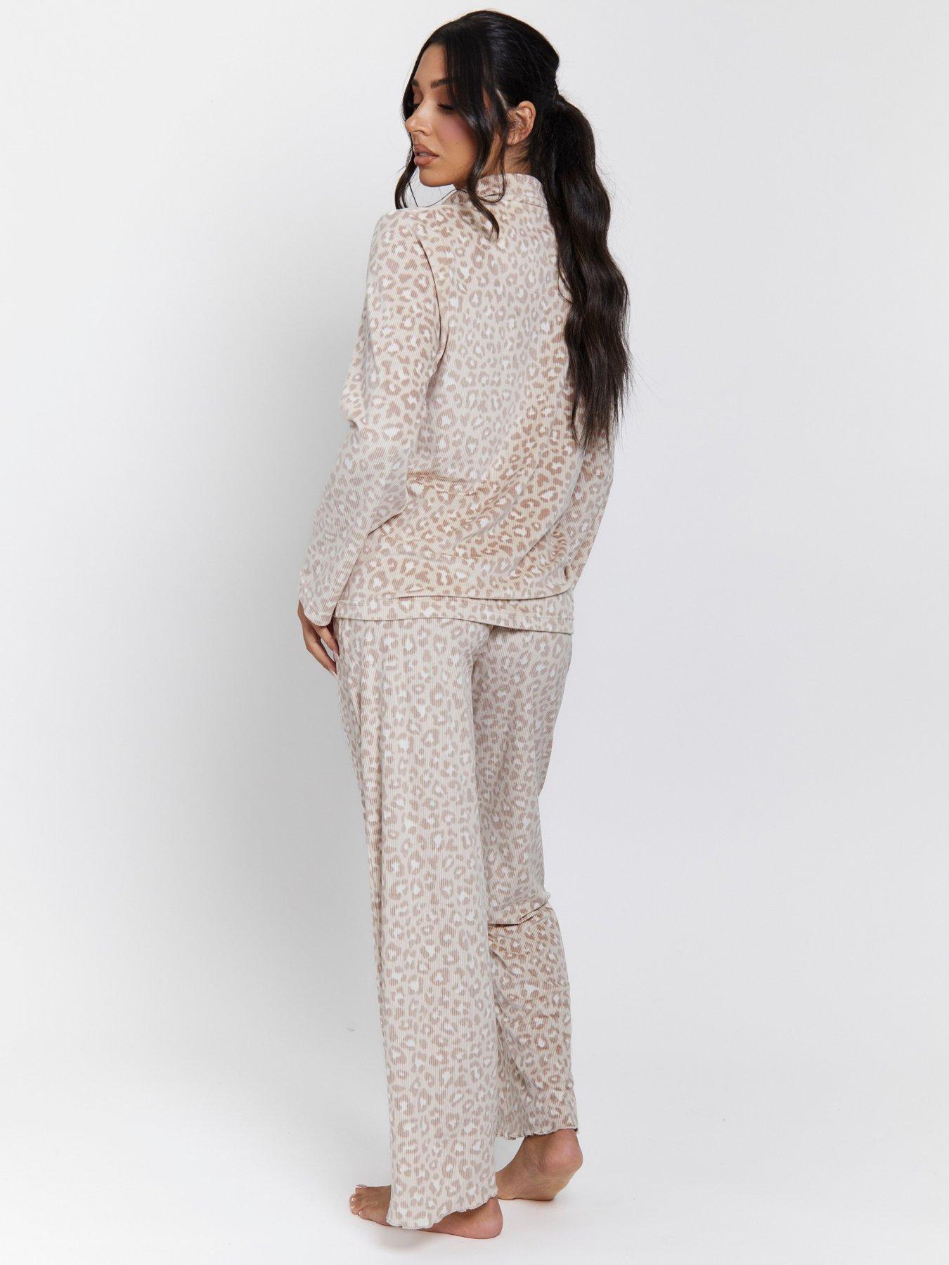 Image 2 of 5 of Loungeable Leopard Ribbed Long Sleeve Top And Trousers Pyjamas - Beige