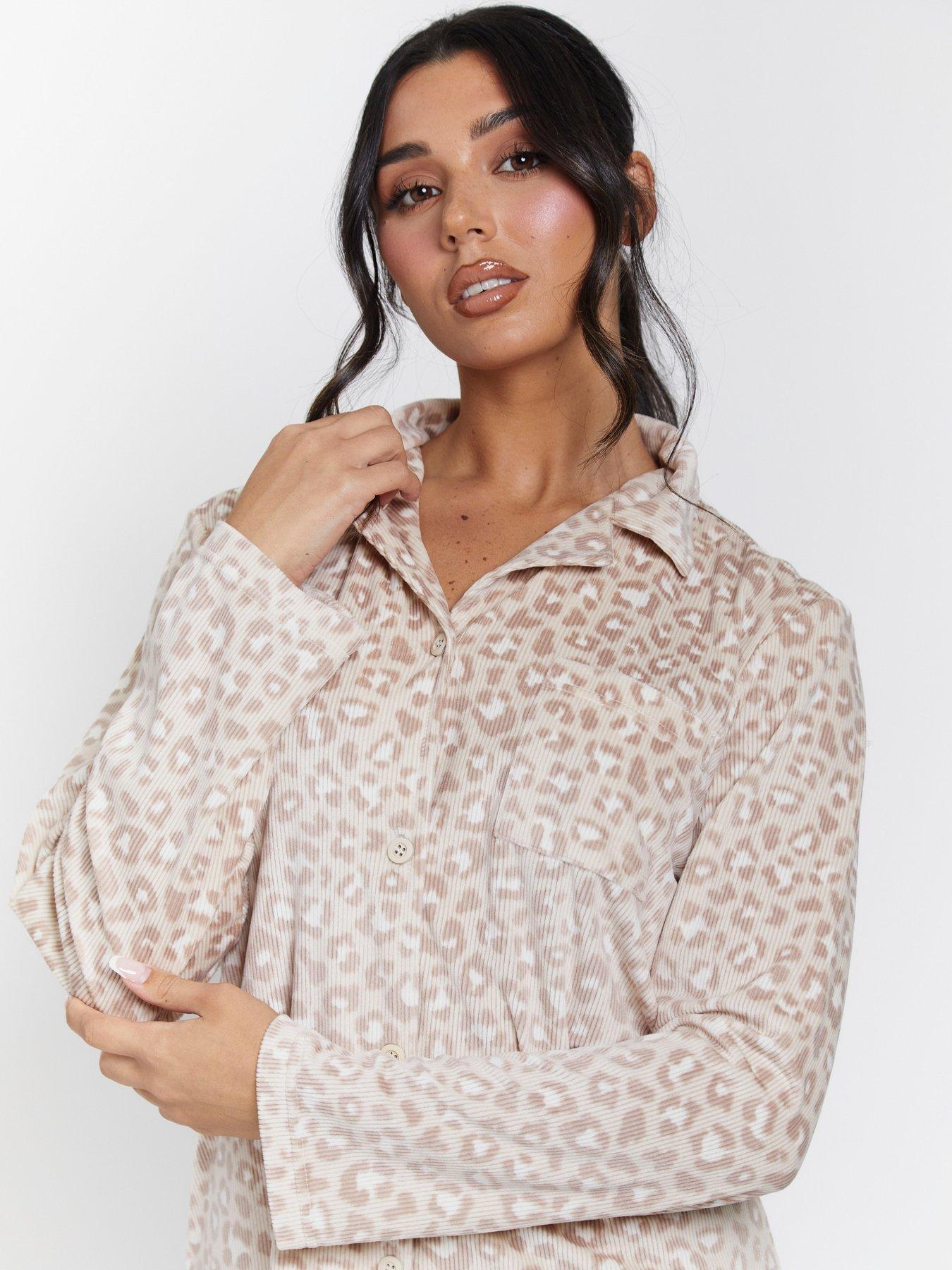 Image 4 of 5 of Loungeable Leopard Ribbed Long Sleeve Top And Trousers Pyjamas - Beige