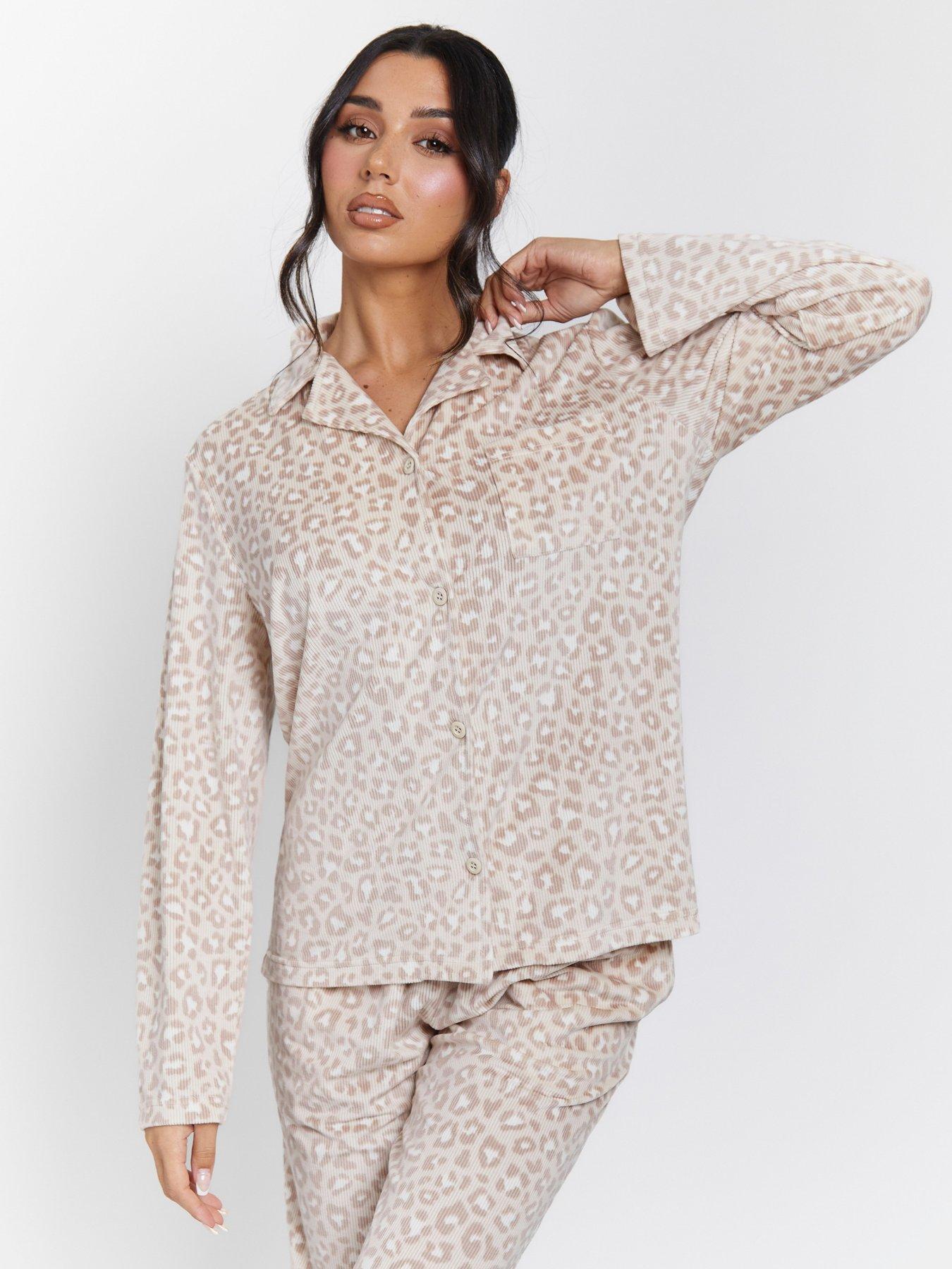 Image 5 of 5 of Loungeable Leopard Ribbed Long Sleeve Top And Trousers Pyjamas - Beige
