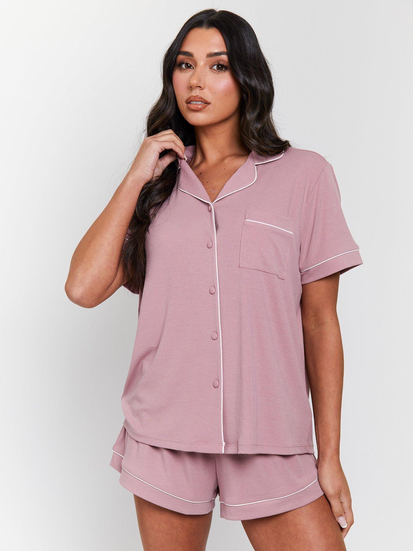 Image 1 of 6 of Loungeable Rib Short Sleeve Traditional Shirt And Shorts - Pink