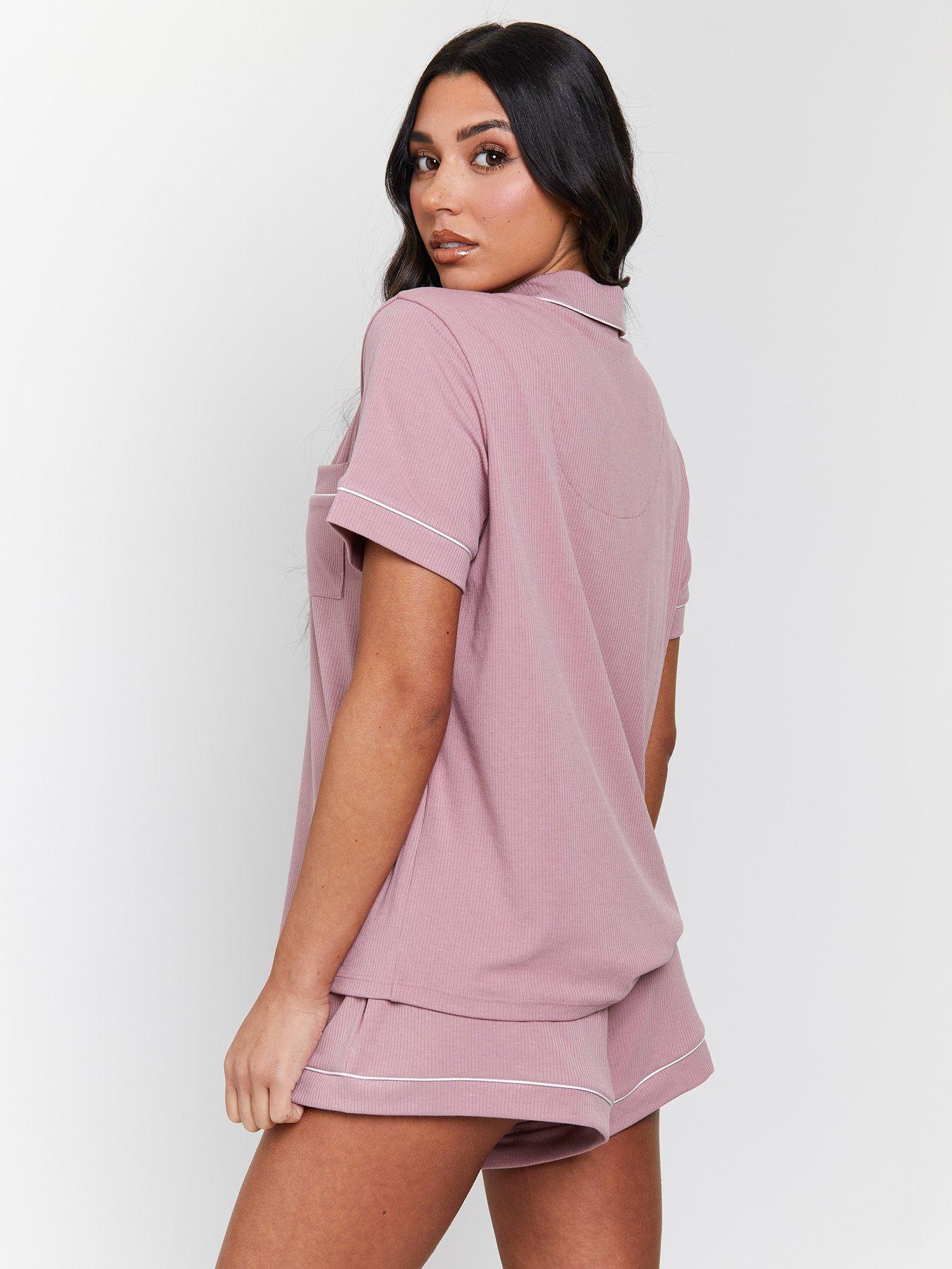 Image 2 of 6 of Loungeable Rib Short Sleeve Traditional Shirt And Shorts - Pink