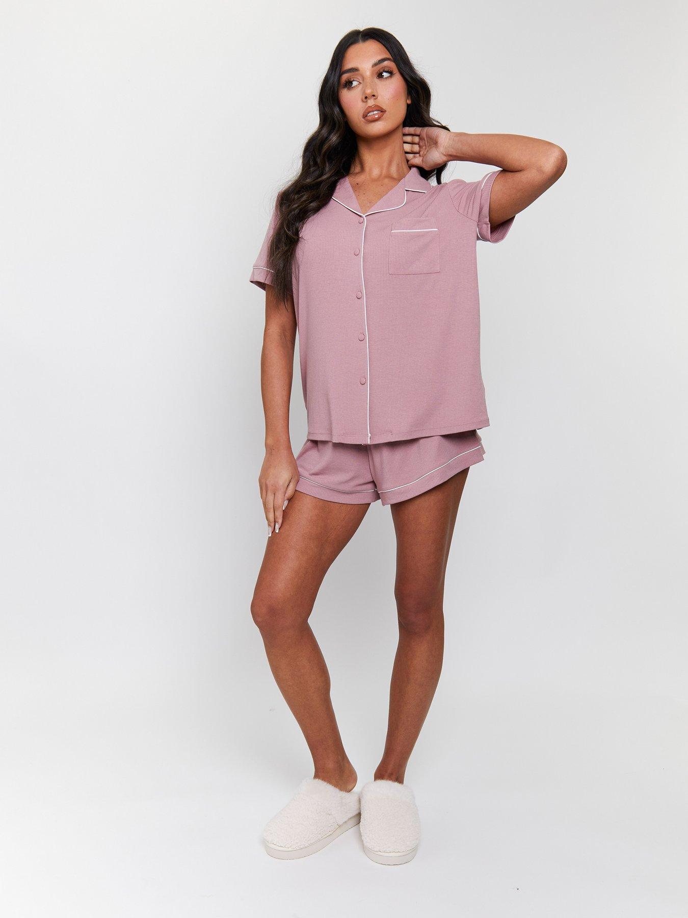 Image 3 of 6 of Loungeable Rib Short Sleeve Traditional Shirt And Shorts - Pink