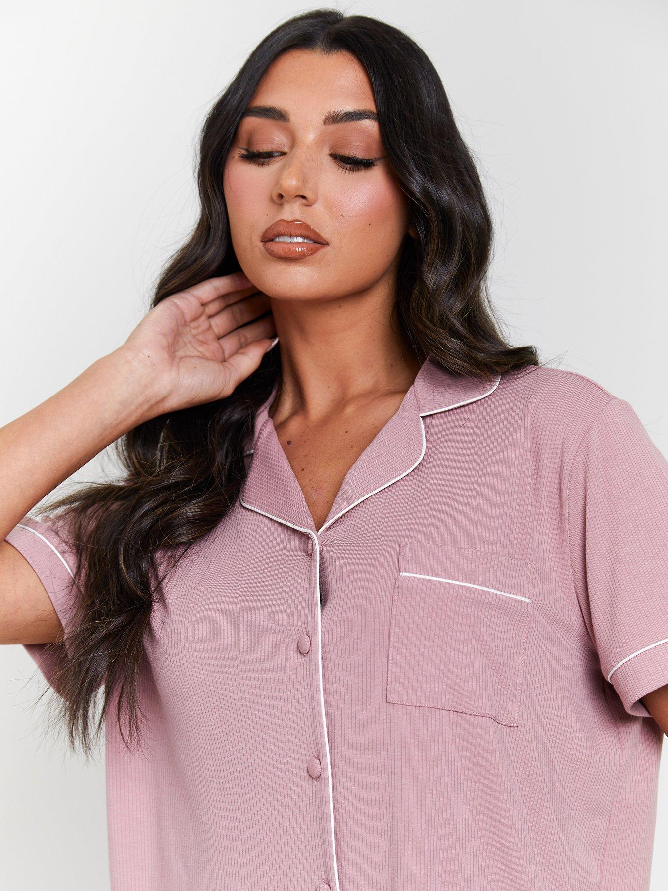 Image 4 of 6 of Loungeable Rib Short Sleeve Traditional Shirt And Shorts - Pink