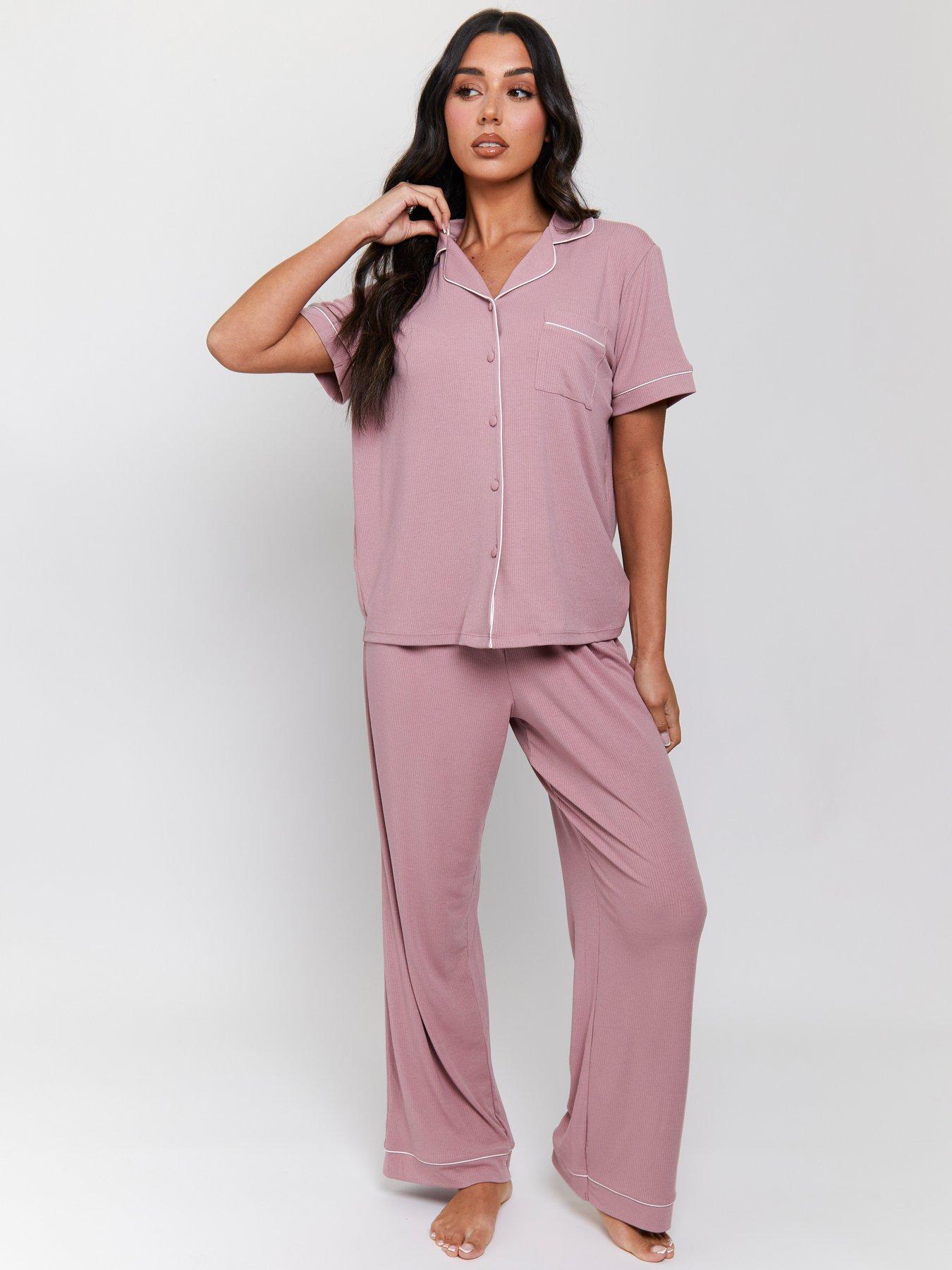 undefined Rib Short Sleeve Traditional Shirt And Long Pant Pyjama Set - Dusty - Pink