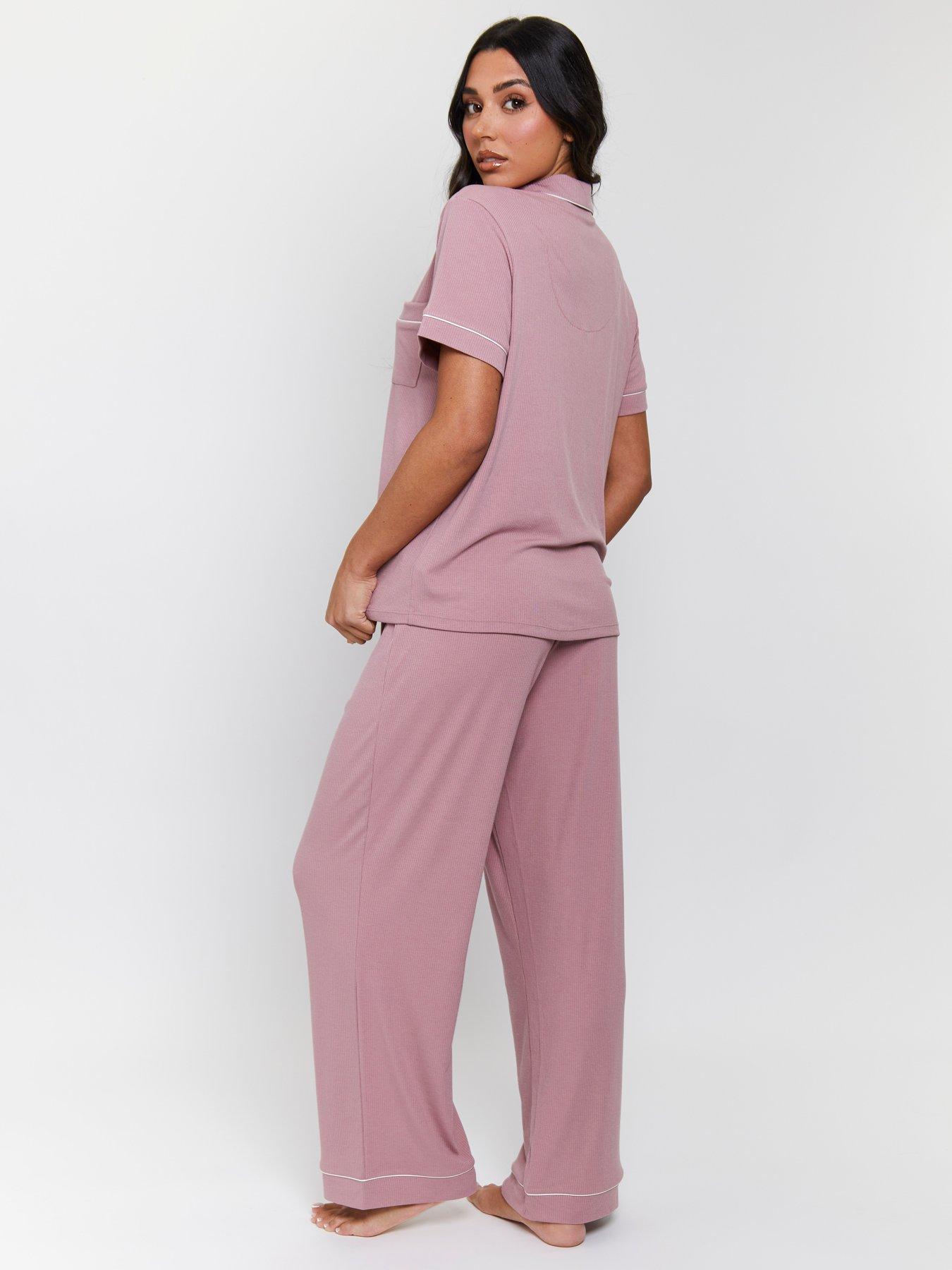 Image 2 of 5 of Loungeable Rib Short Sleeve Traditional Shirt And Long Pant Pyjama Set - Dusty - Pink