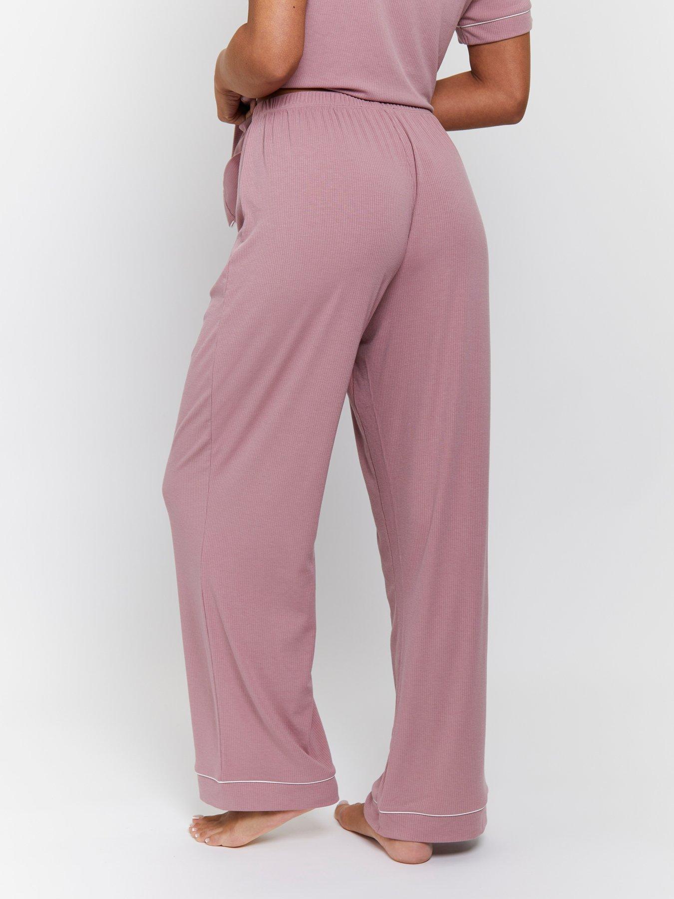 Image 3 of 5 of Loungeable Rib Short Sleeve Traditional Shirt And Long Pant Pyjama Set - Dusty - Pink