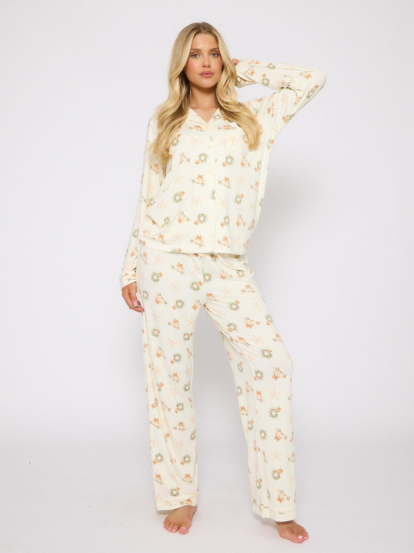 undefined Neutral Button Shirt And Long Pant Christmas Pyjama Set - Cream